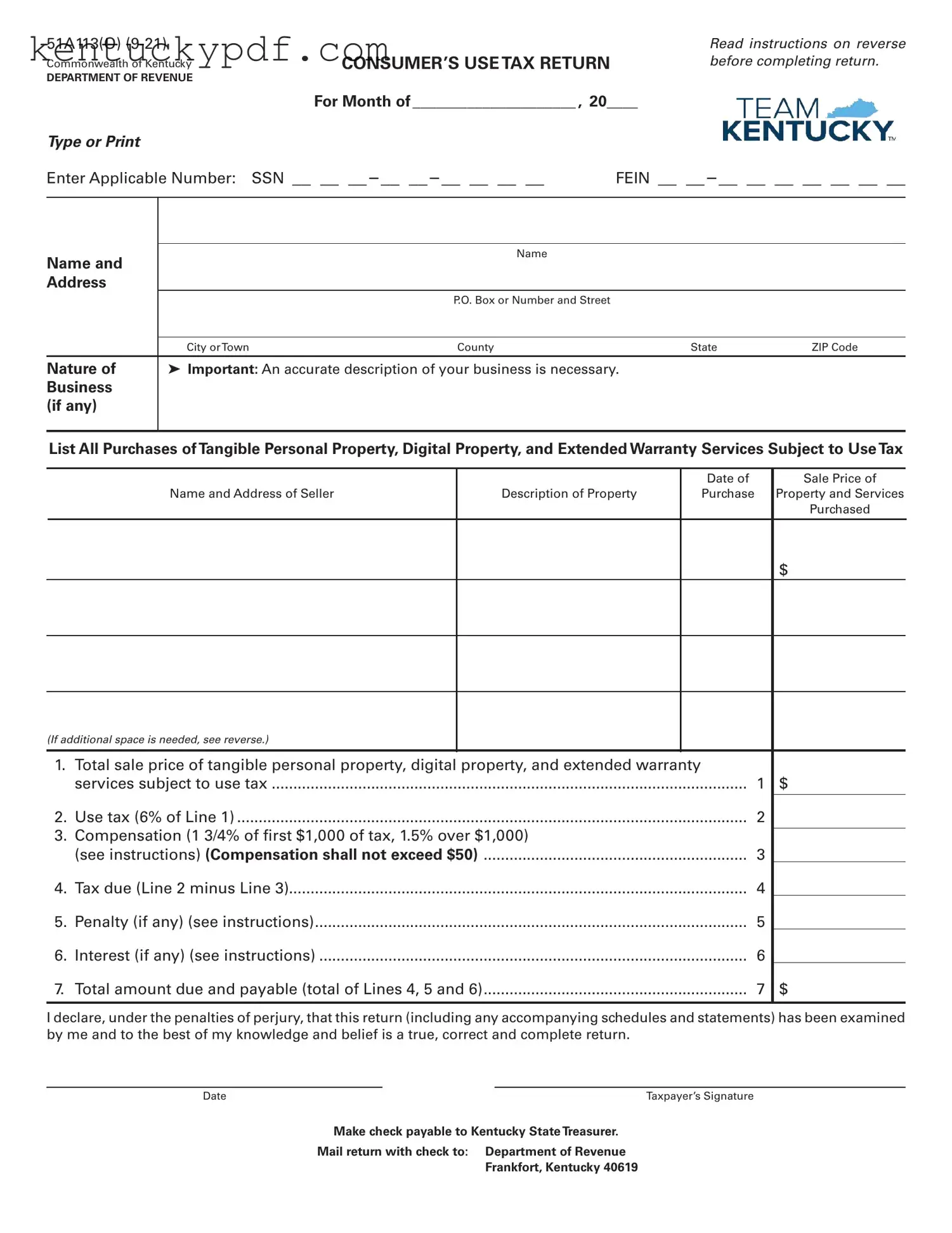 Fill in Your Kentucky 51A113 Form