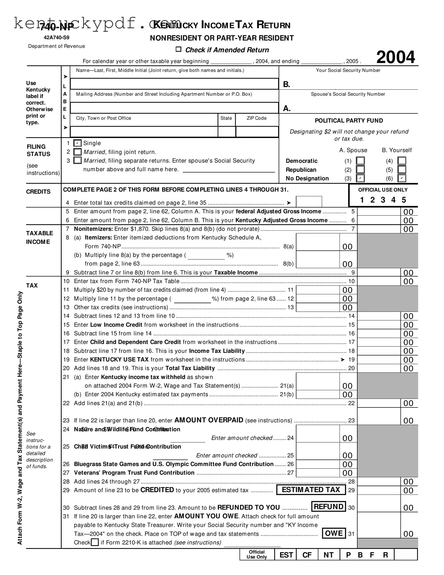 Fill in Your Kentucky 740 Np Form