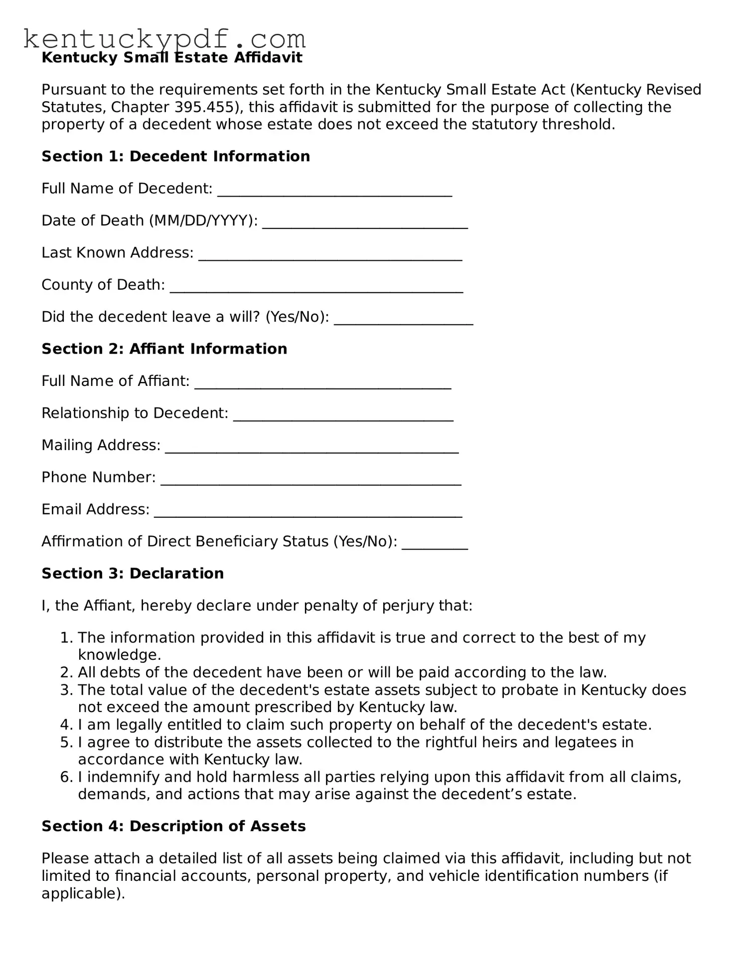 Printable Small Estate Affidavit Document for Kentucky State