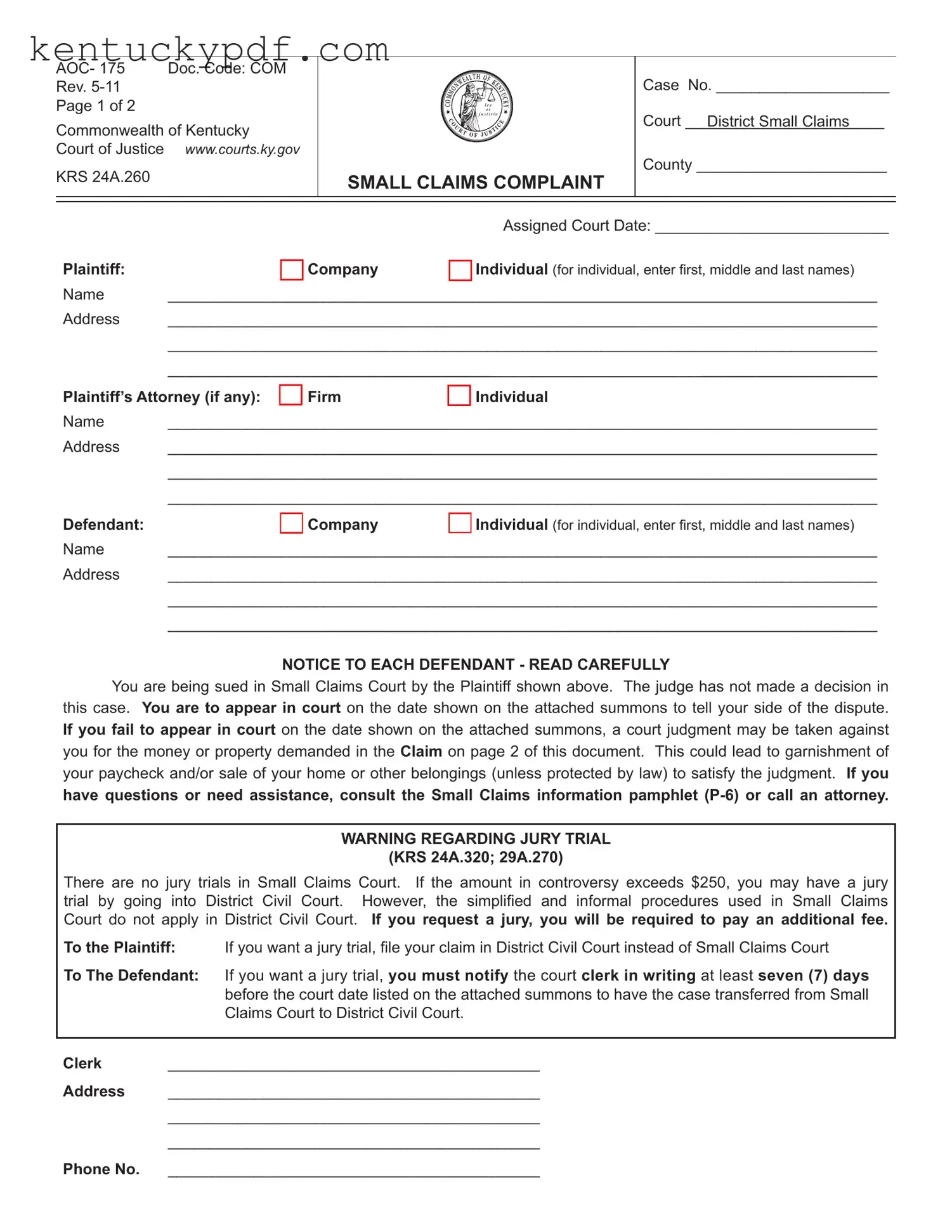 Fill in Your Kentucky Aoc 175 Form
