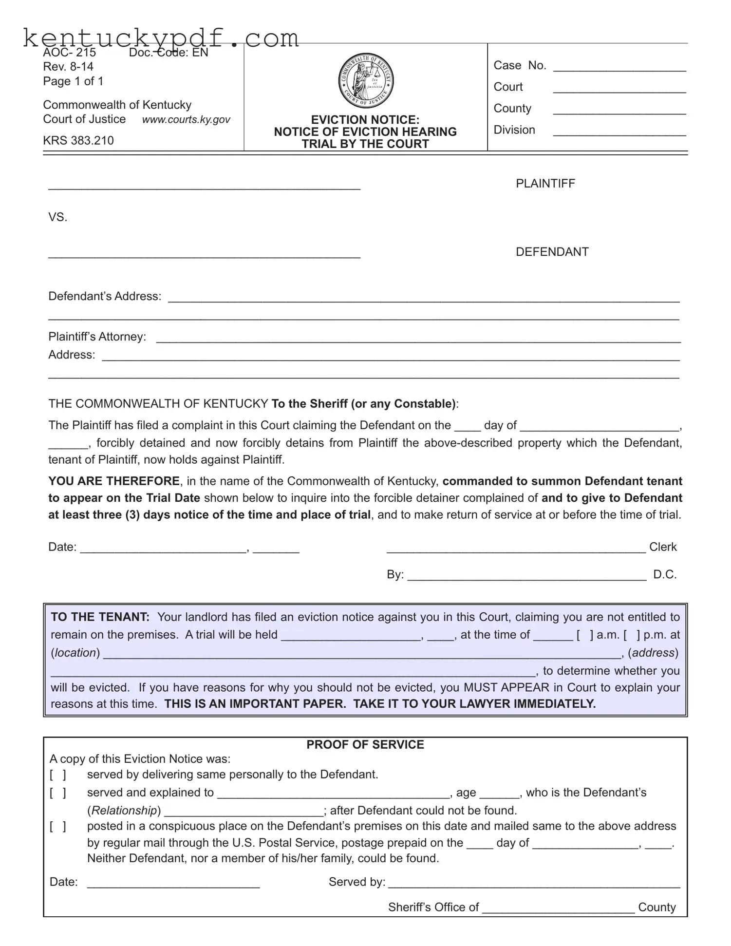 Fill in Your Kentucky Aoc 215 Form