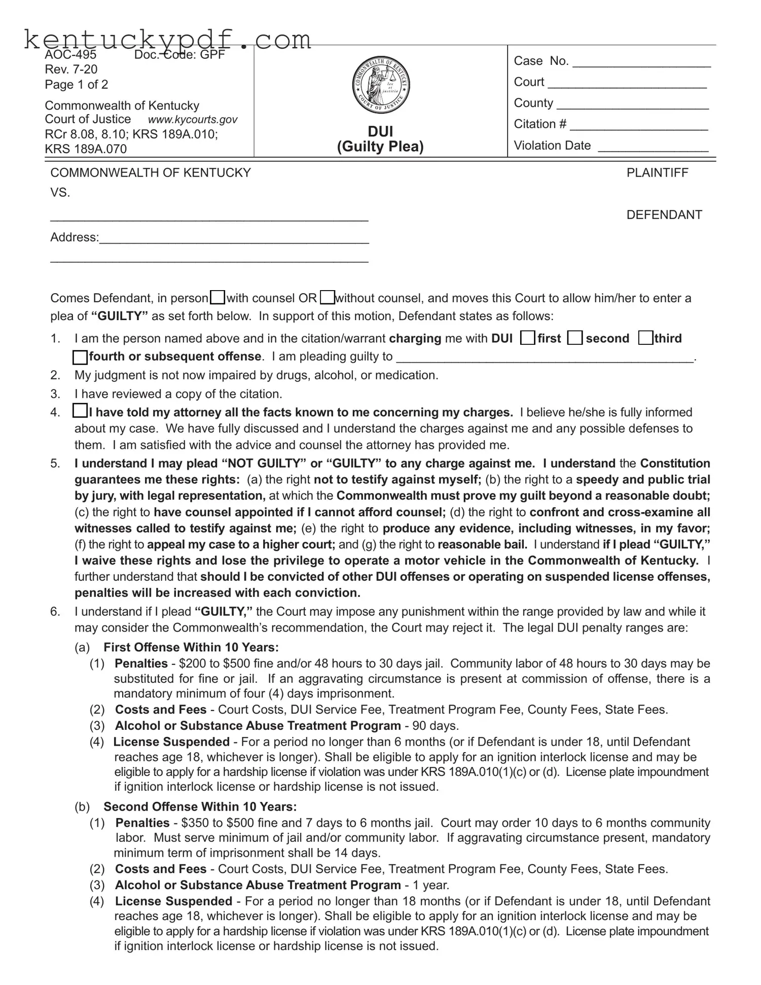 Fill in Your Kentucky Aoc 495 Form