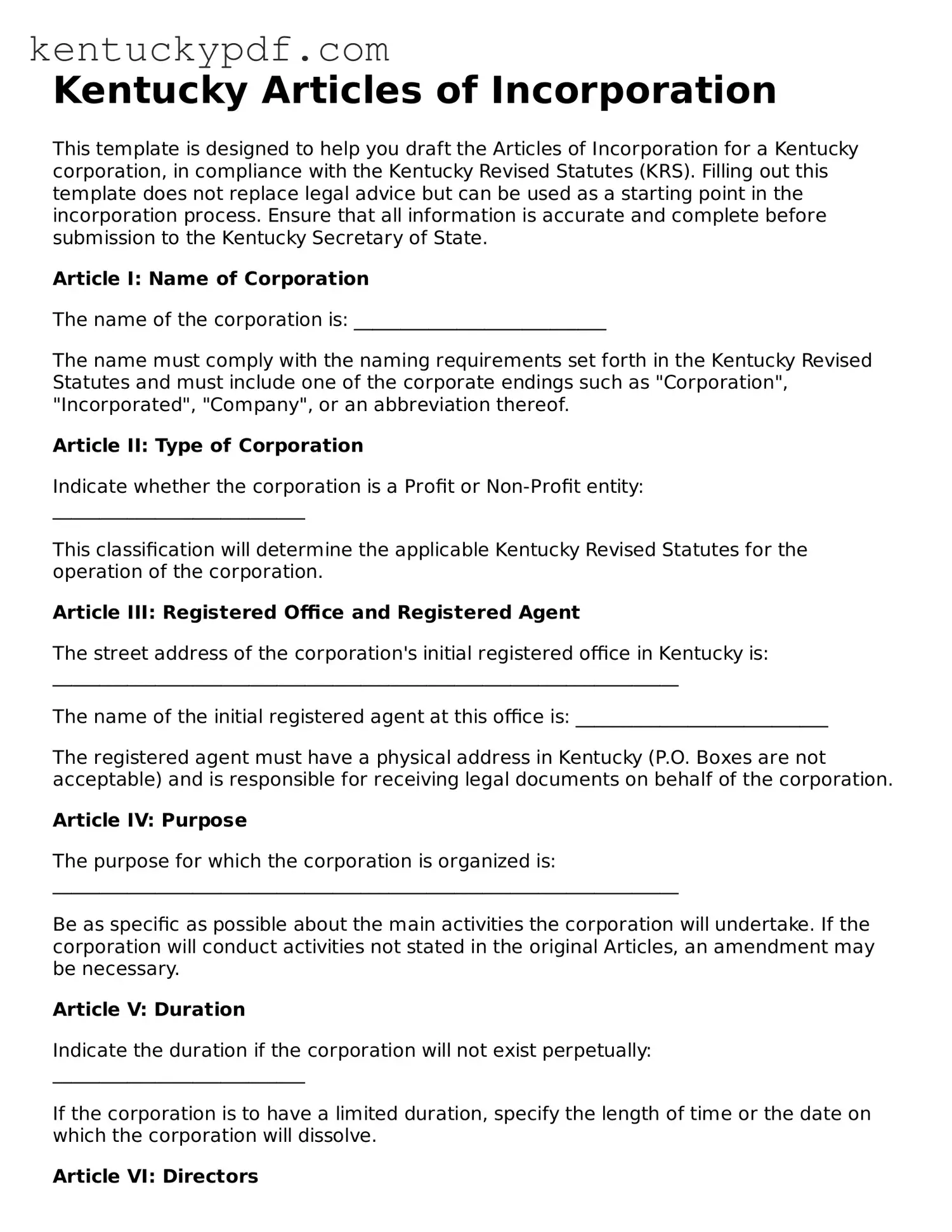 Printable Articles of Incorporation Document for Kentucky State