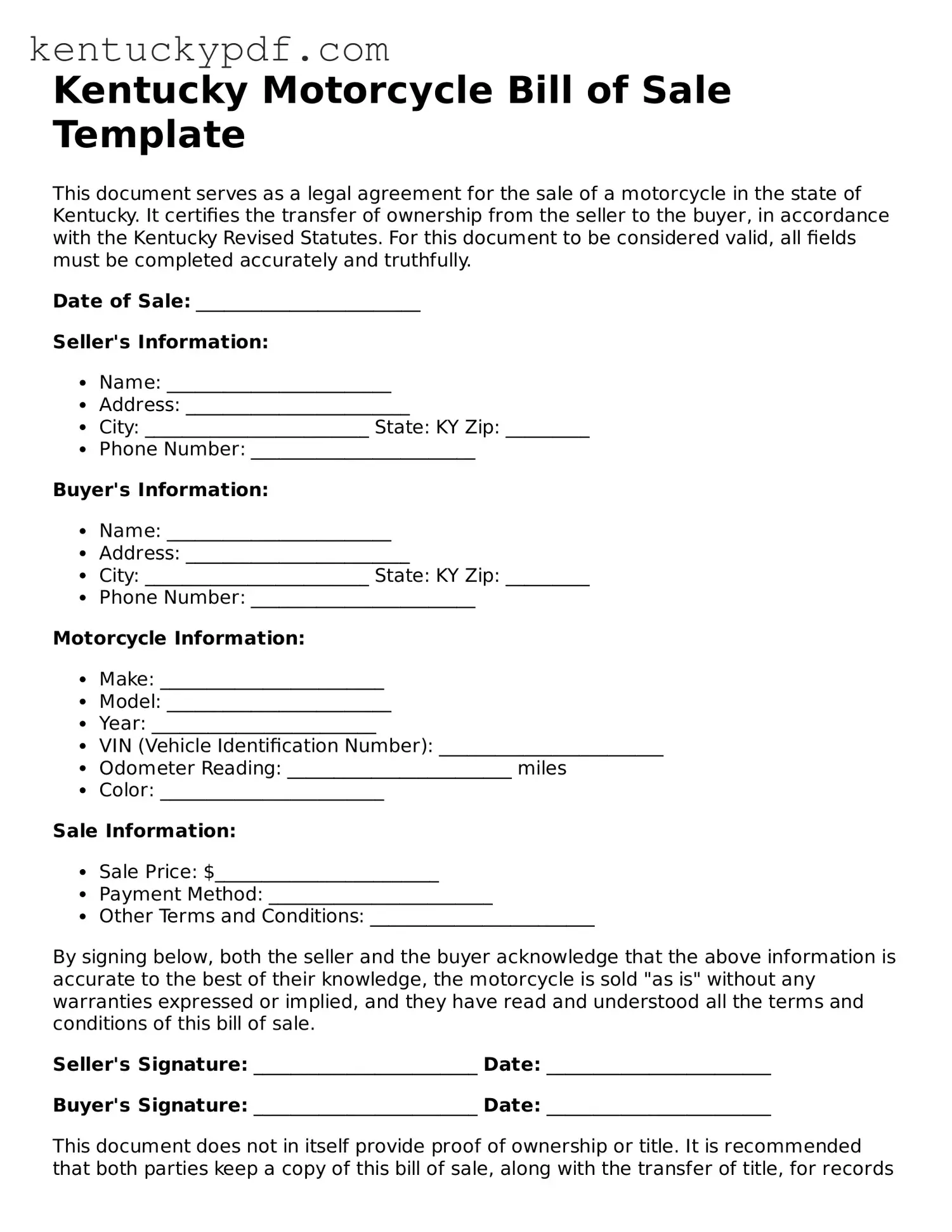 Printable Motorcycle Bill of Sale Document for Kentucky State