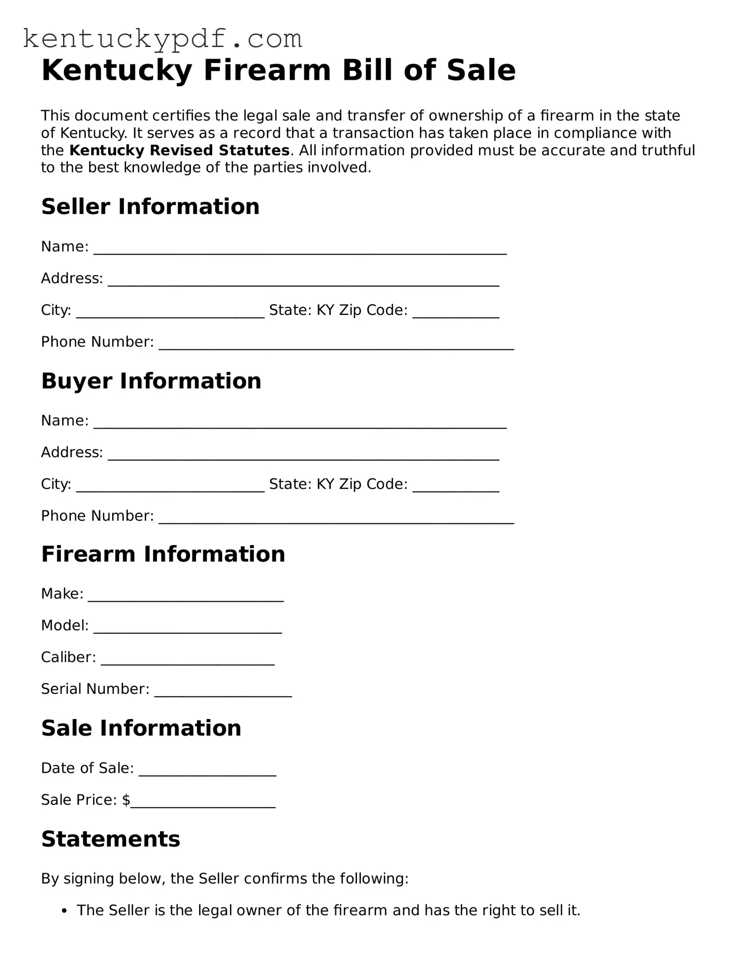 Printable Firearm Bill of Sale Document for Kentucky State