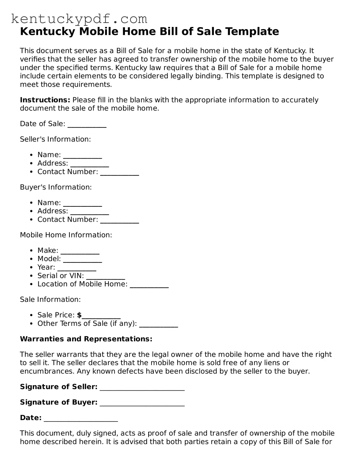 Printable Mobile Home Bill of Sale Document for Kentucky State