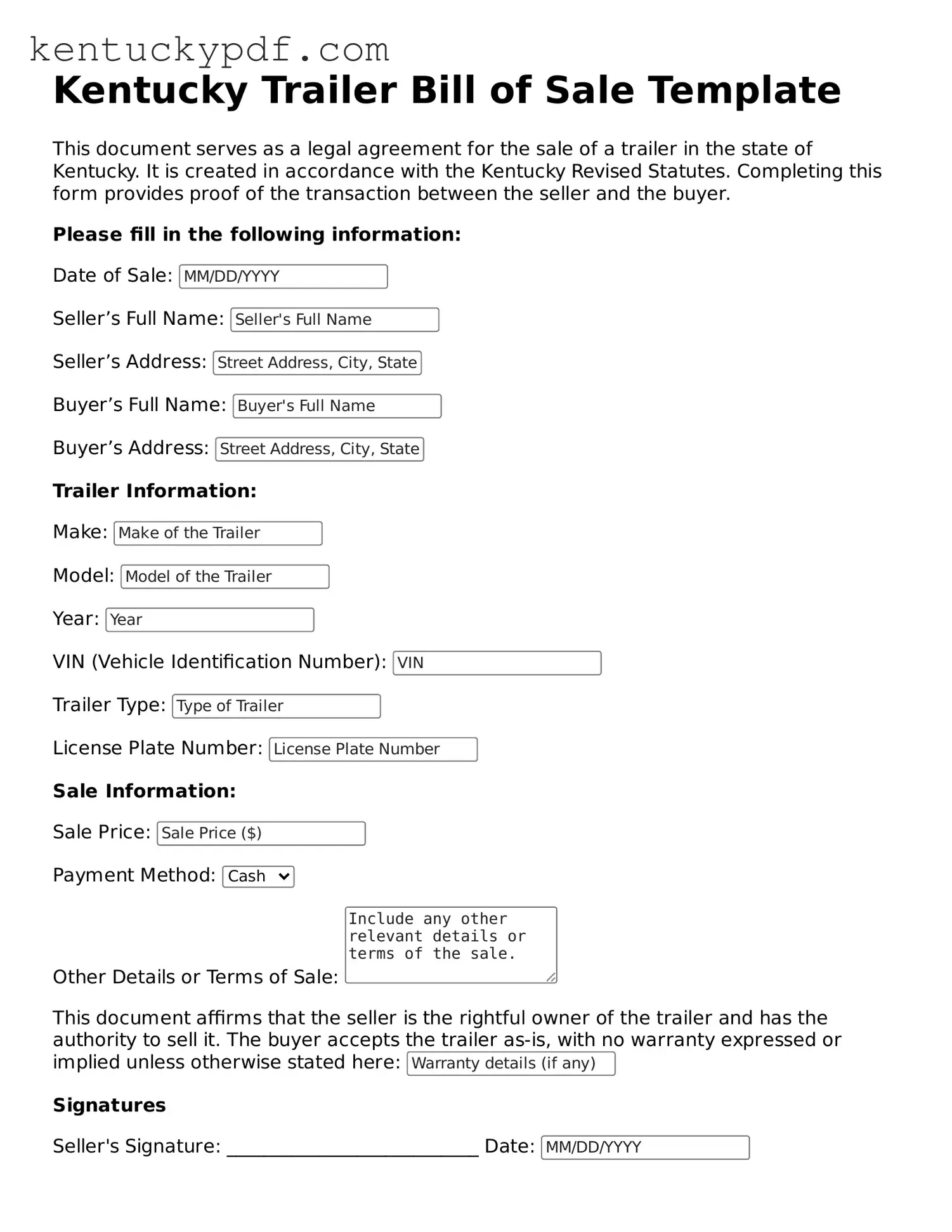 Printable Trailer Bill of Sale Document for Kentucky State