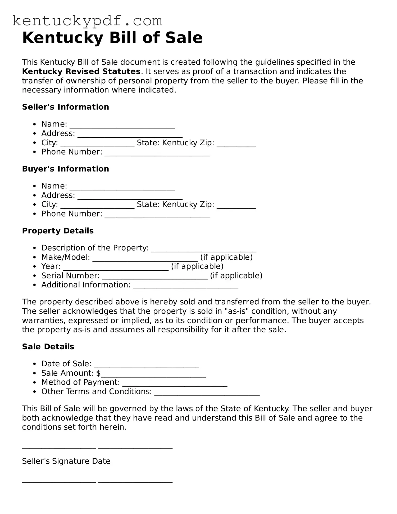 Printable Bill of Sale Document for Kentucky State