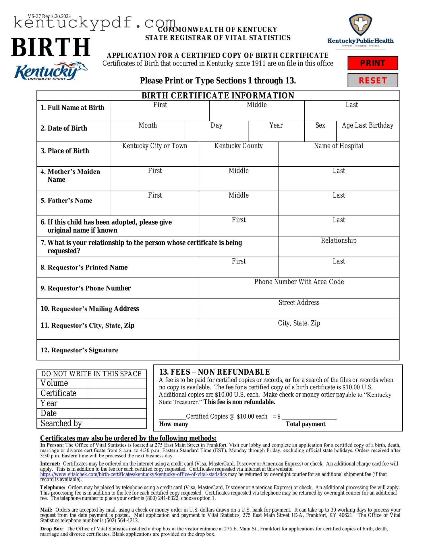 Fill in Your Kentucky Birth Certificate Form