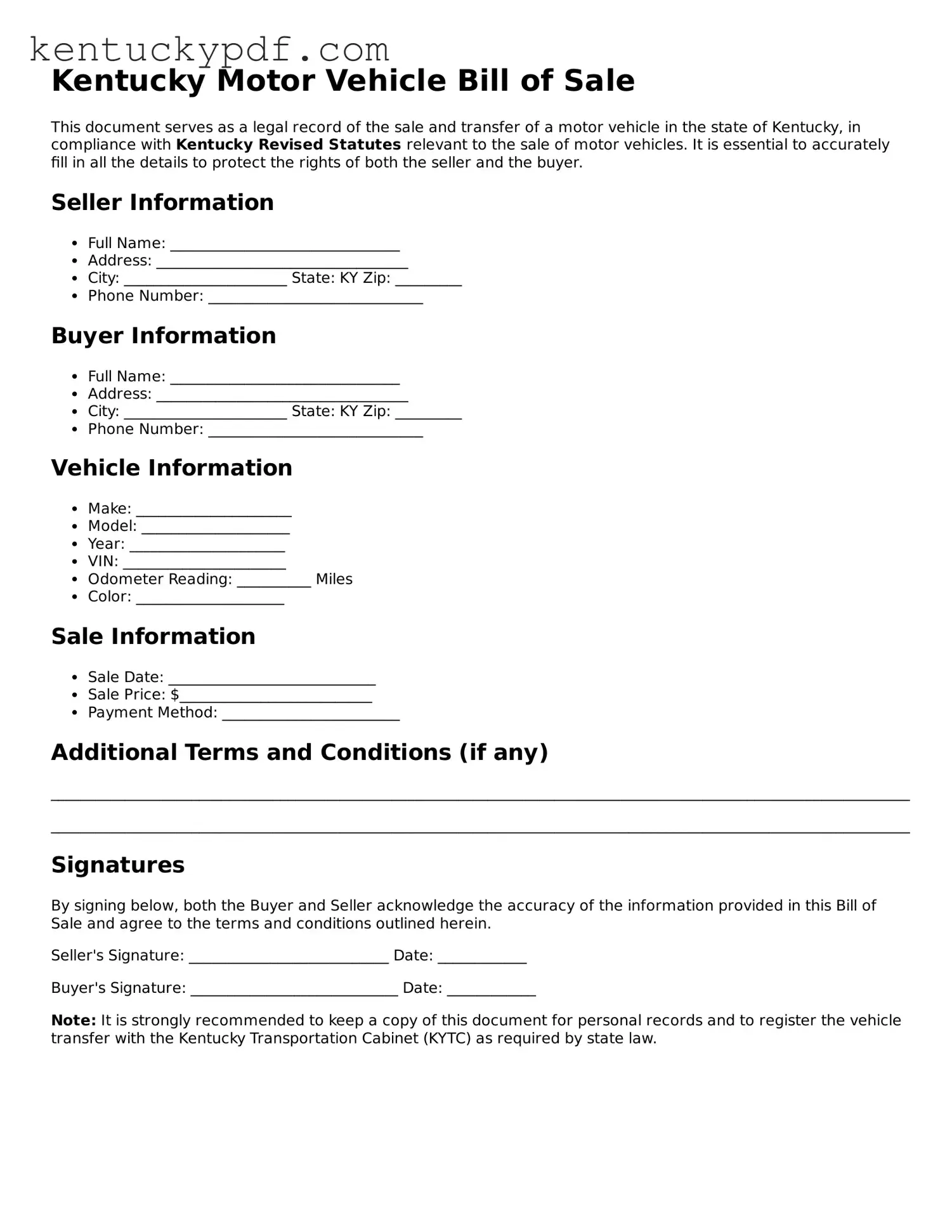 Printable Motor Vehicle Bill of Sale Document for Kentucky State