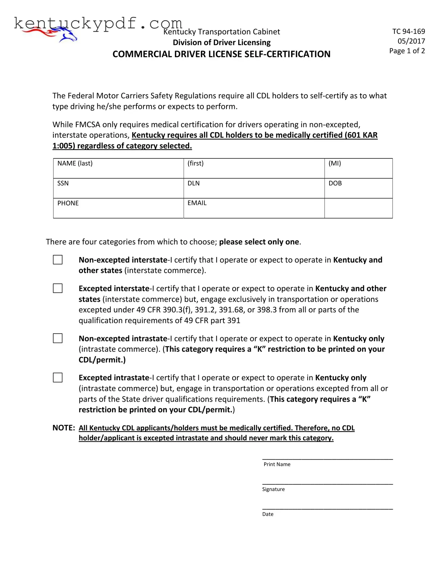 Fill in Your Kentucky Cdl Self Certification Form