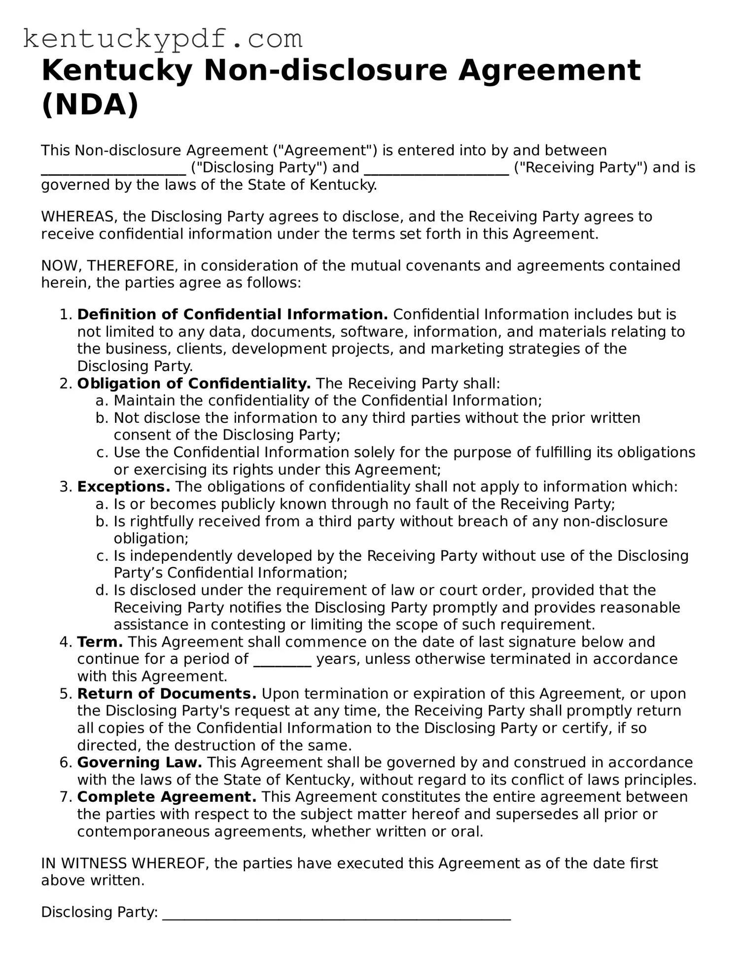 Printable Non-disclosure Agreement Document for Kentucky State
