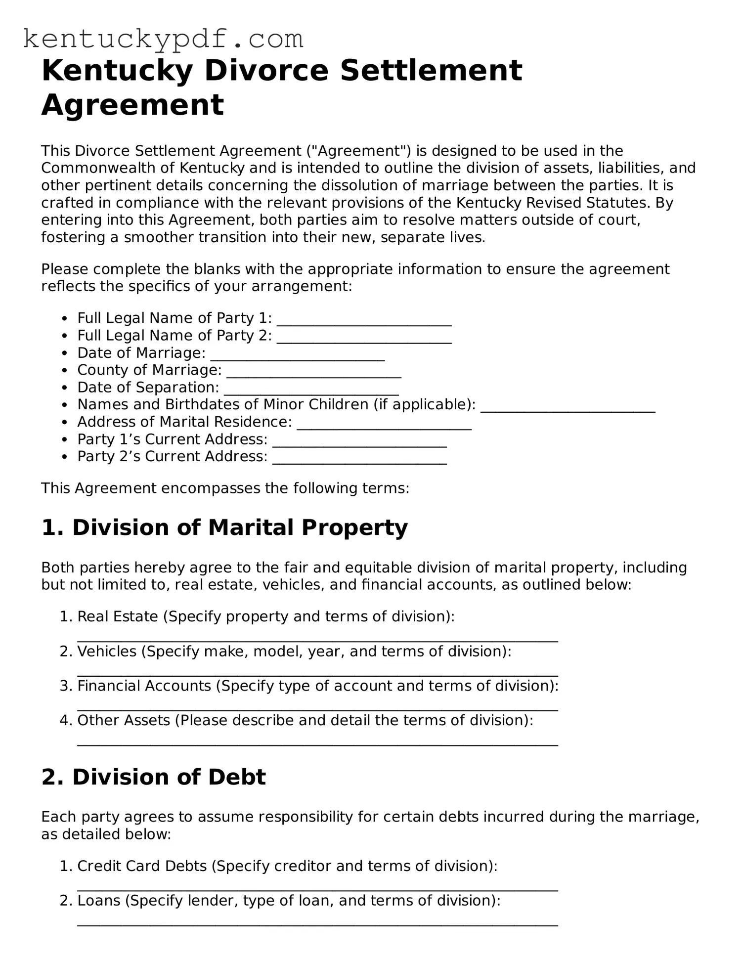 Printable Divorce Settlement Agreement Document for Kentucky State