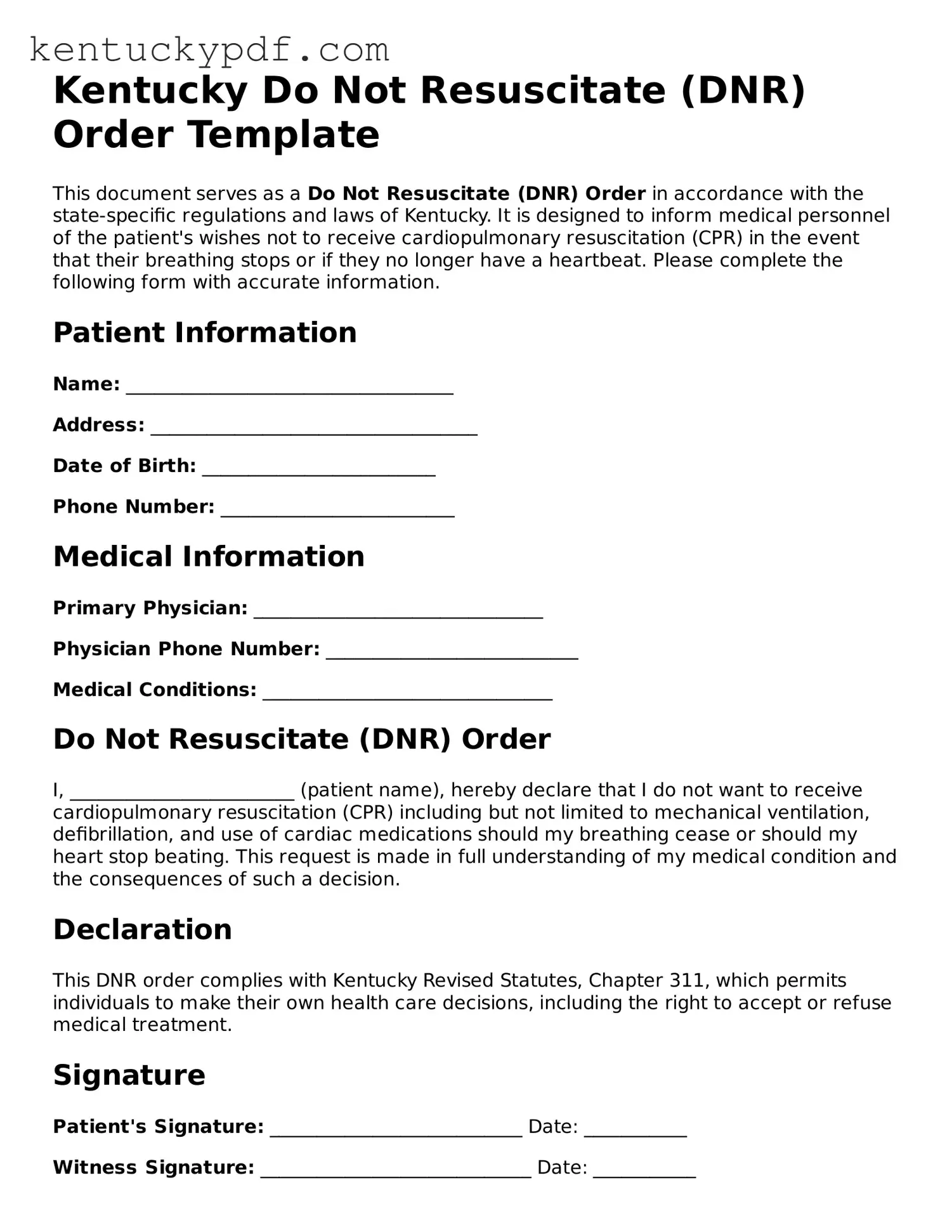 Printable Do Not Resuscitate Order Document for Kentucky State