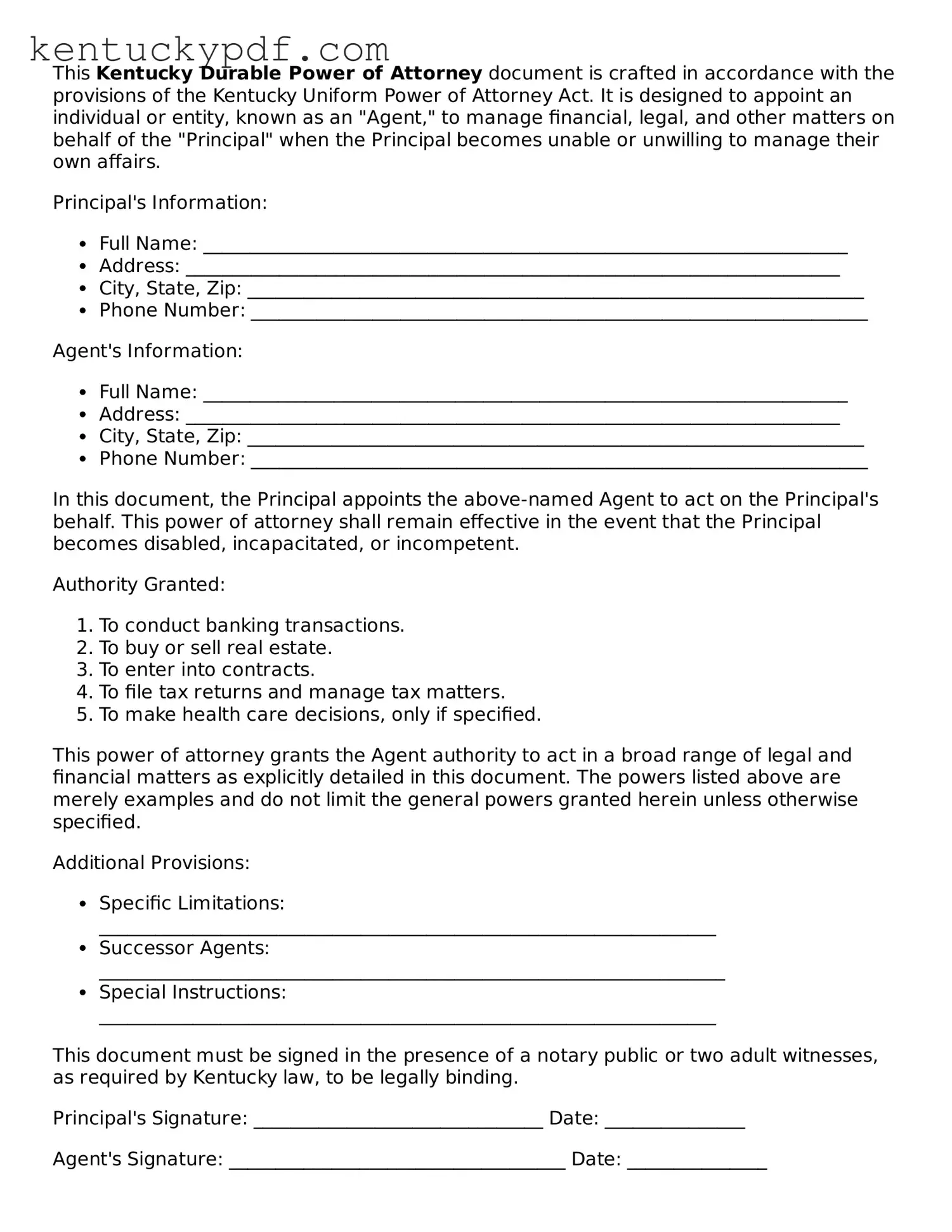 Printable Durable Power of Attorney Document for Kentucky State