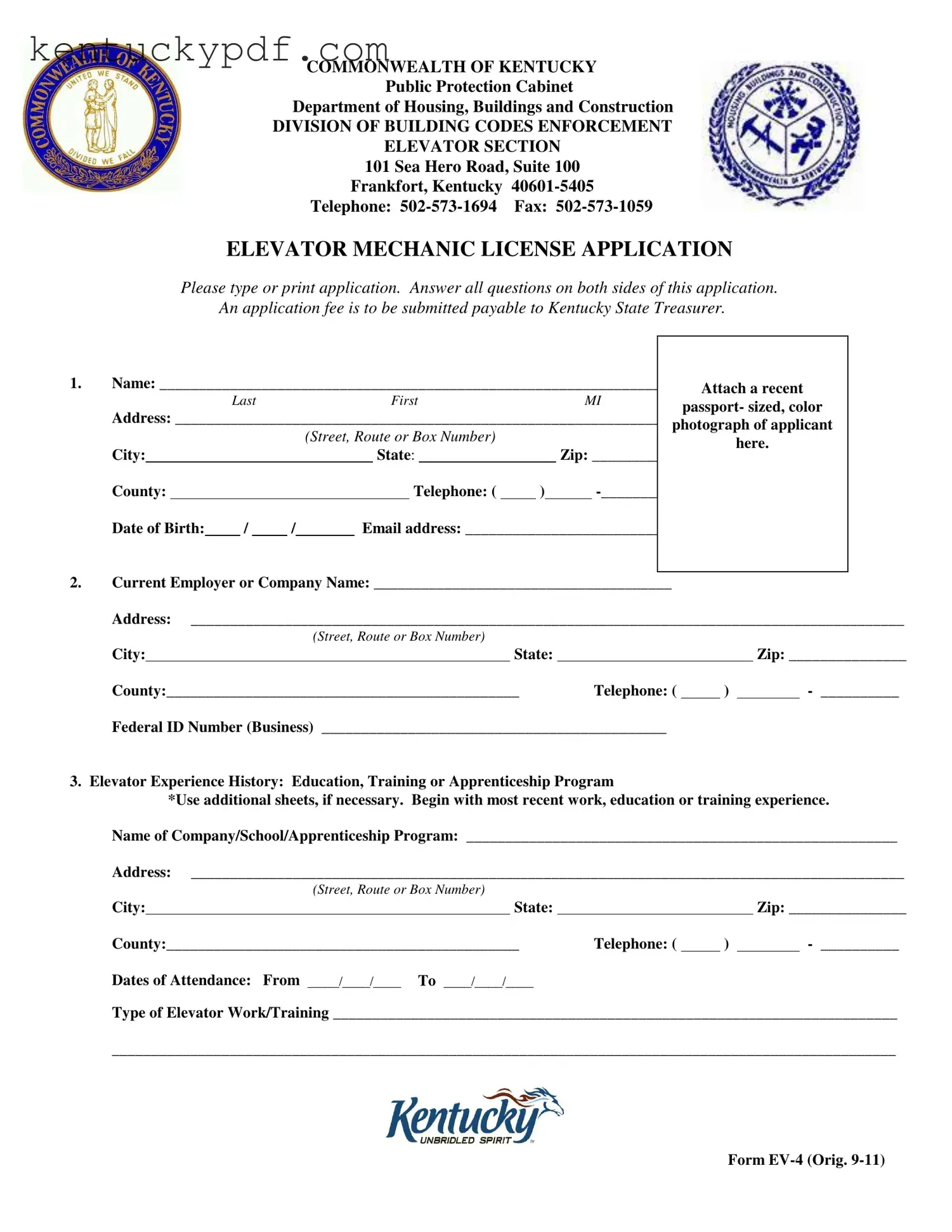 Fill in Your Kentucky Elevator Mechanic License Form