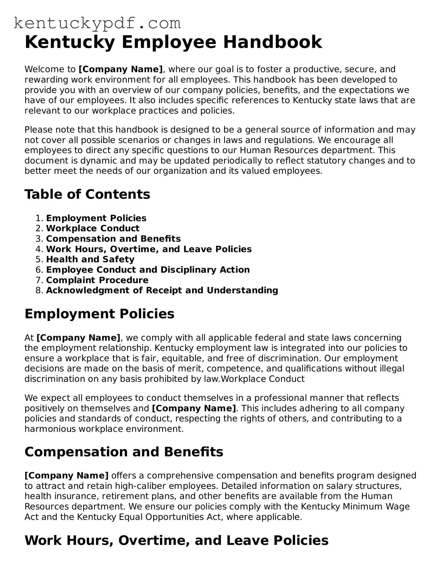 Printable Employee Handbook Document for Kentucky State