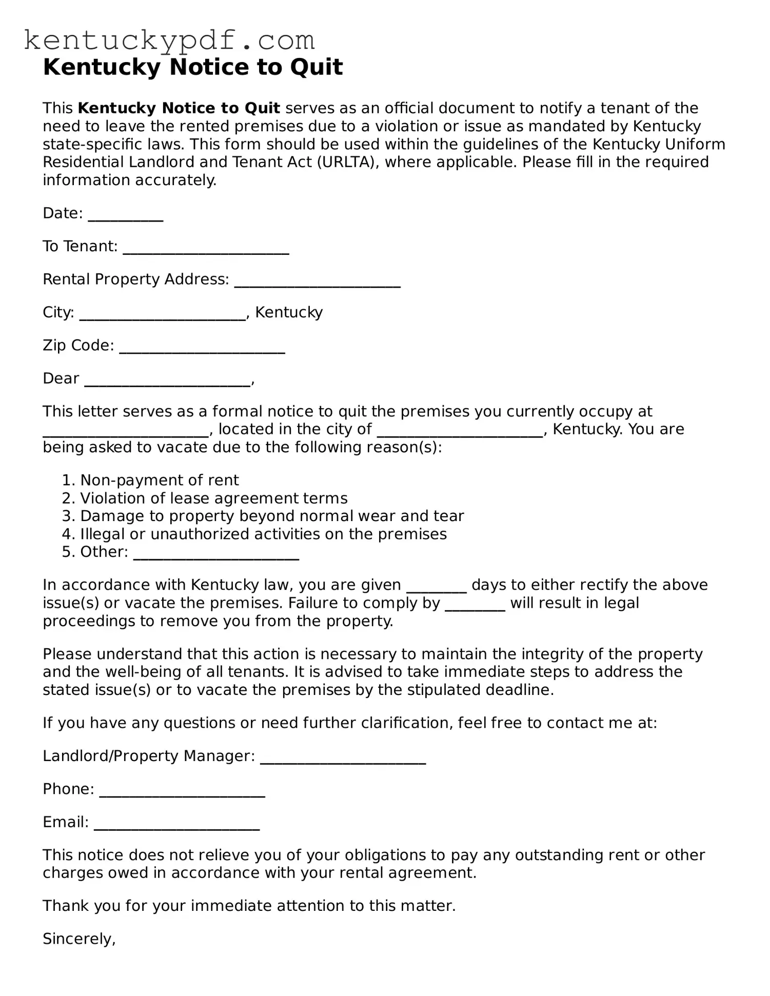 Printable Notice to Quit Document for Kentucky State