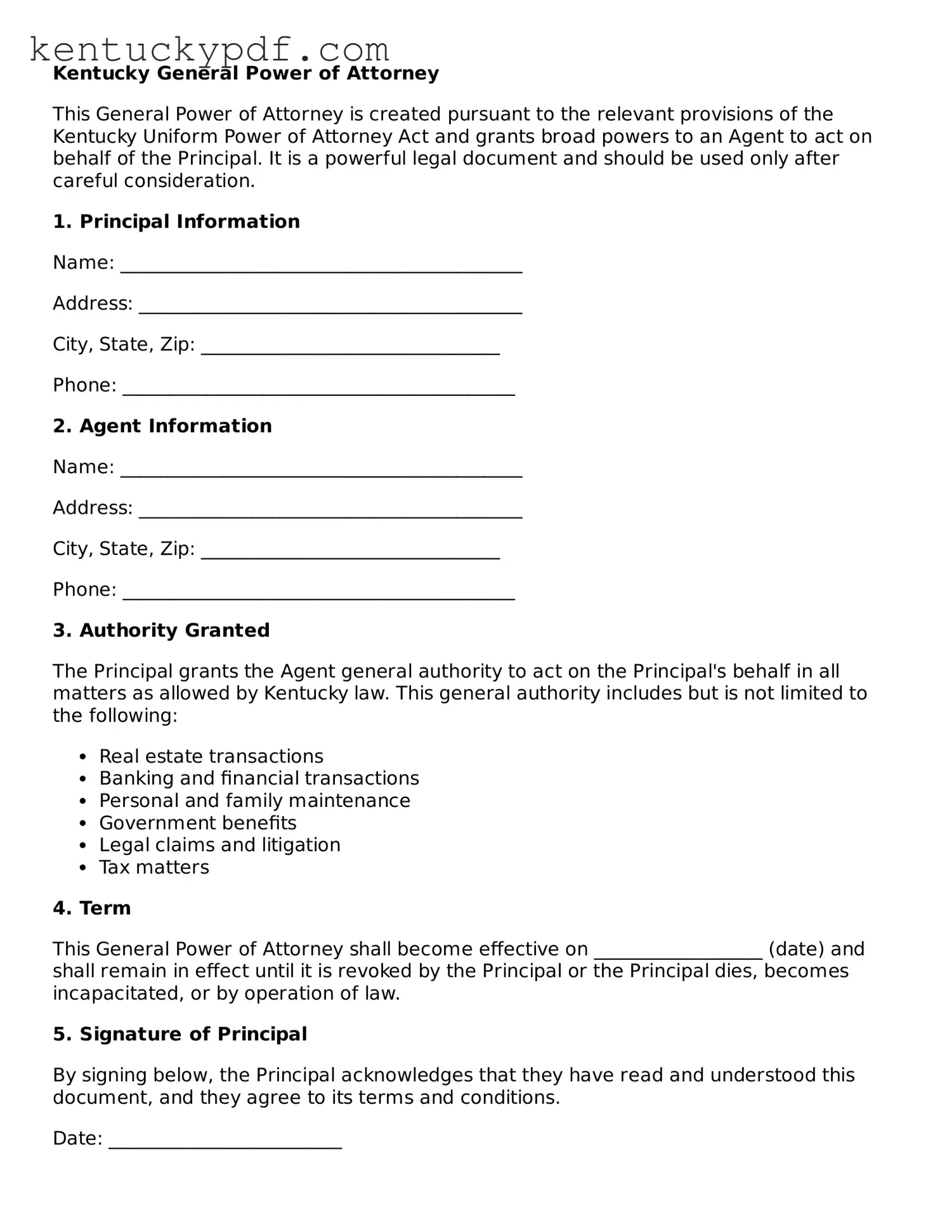 Printable General Power of Attorney Document for Kentucky State