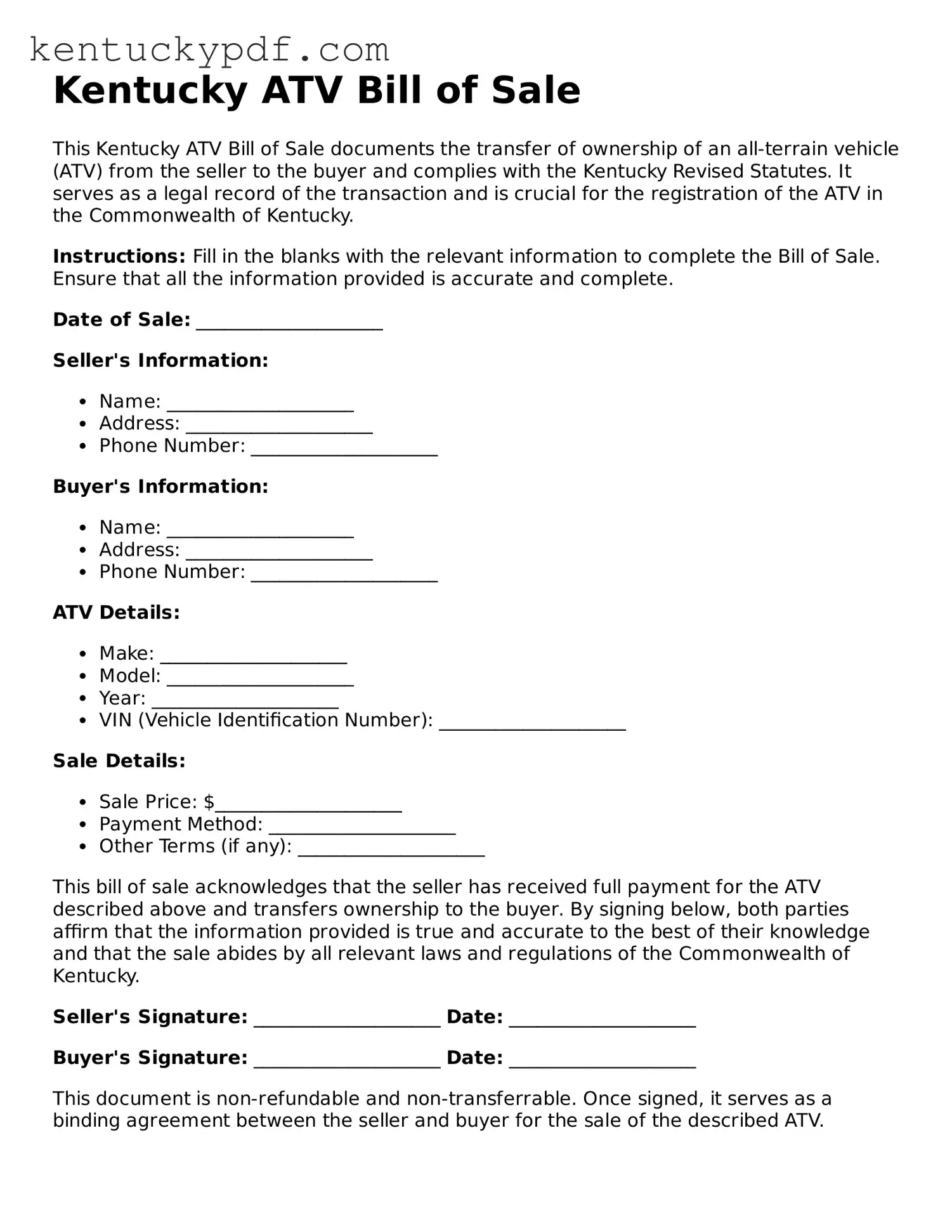 Printable ATV Bill of Sale Document for Kentucky State