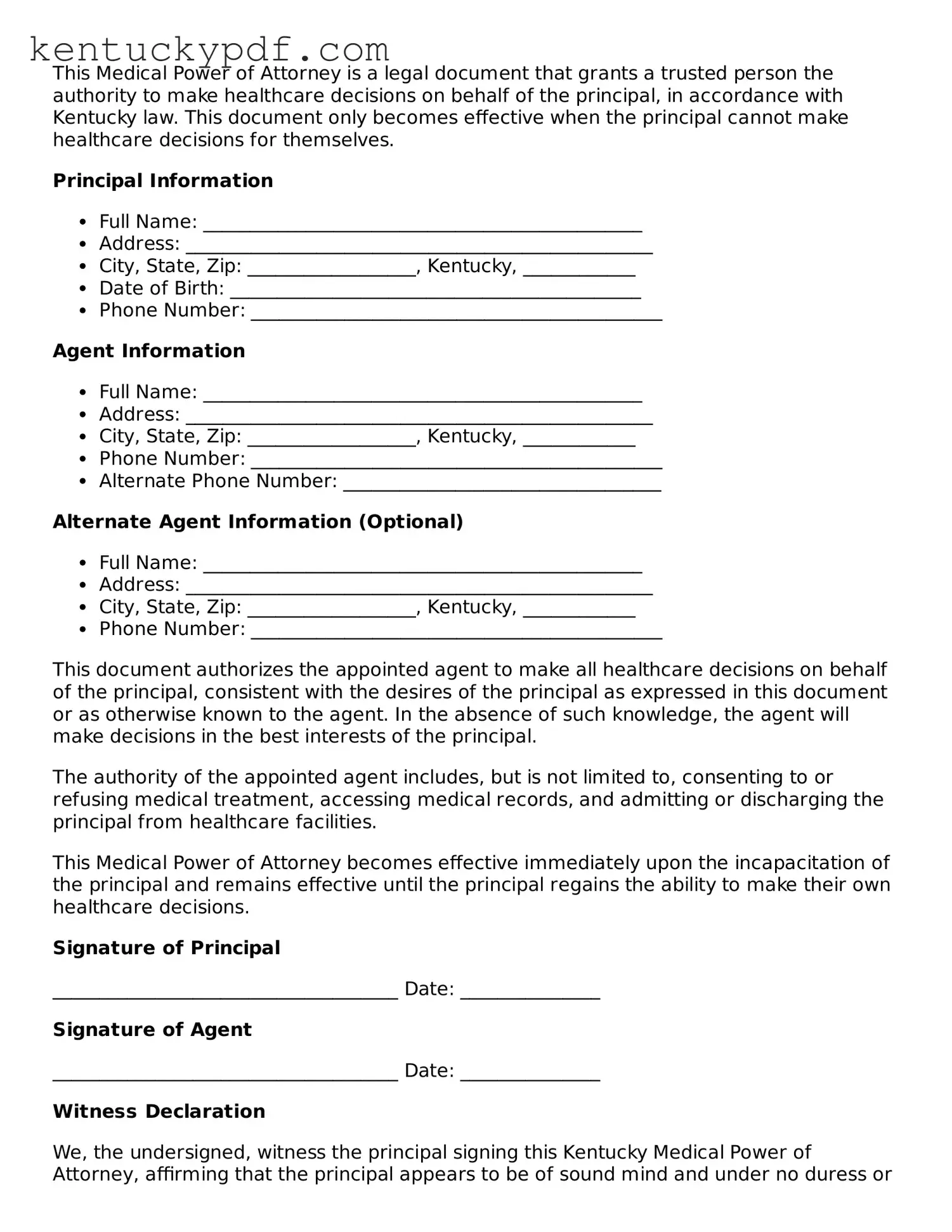 Printable Medical Power of Attorney Document for Kentucky State