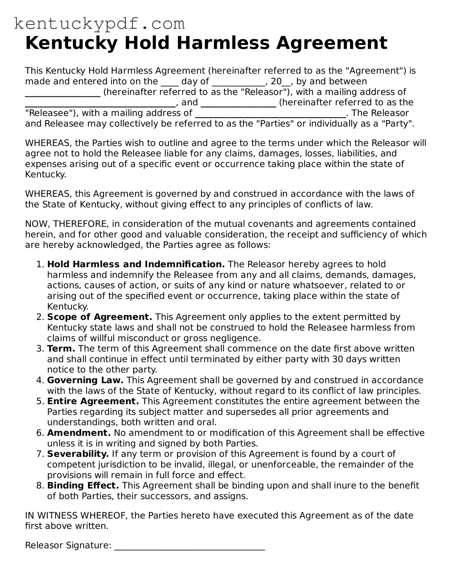 Printable Hold Harmless Agreement Document for Kentucky State
