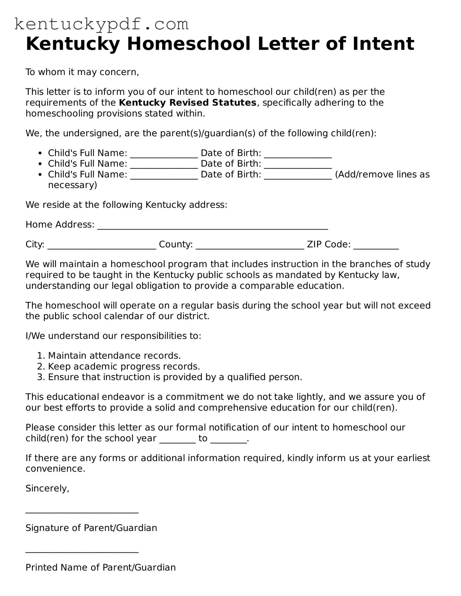 Printable Homeschool Letter of Intent Document for Kentucky State