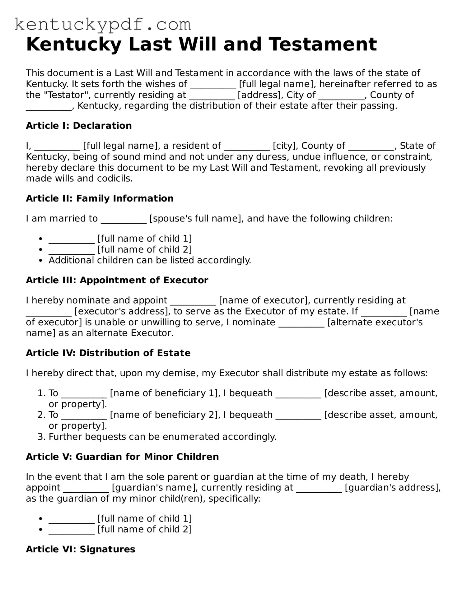 Printable Last Will and Testament Document for Kentucky State
