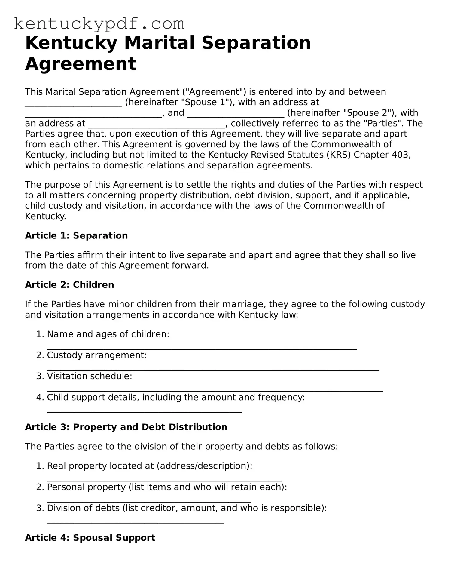 Printable Marital Separation Agreement Document for Kentucky State