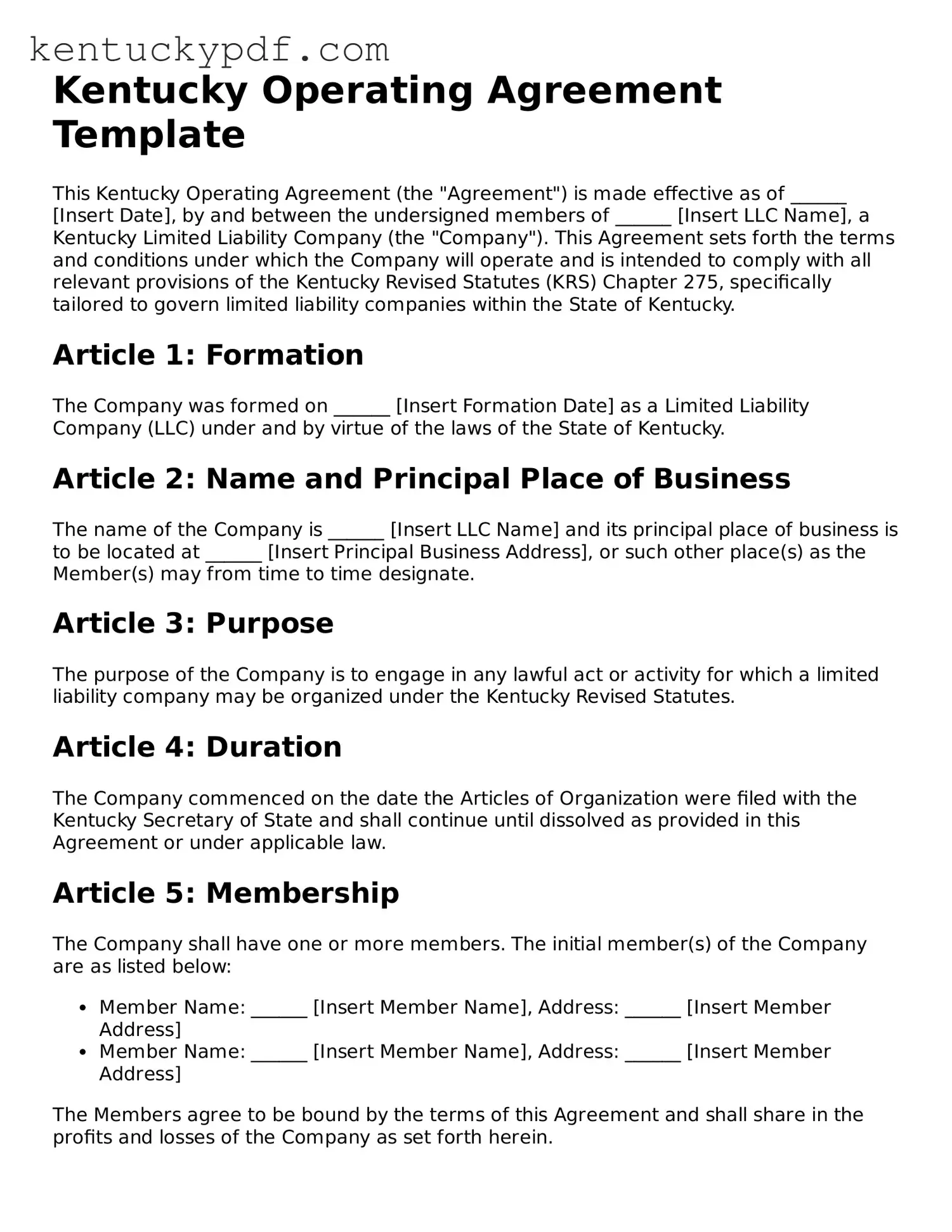 Printable Operating Agreement Document for Kentucky State