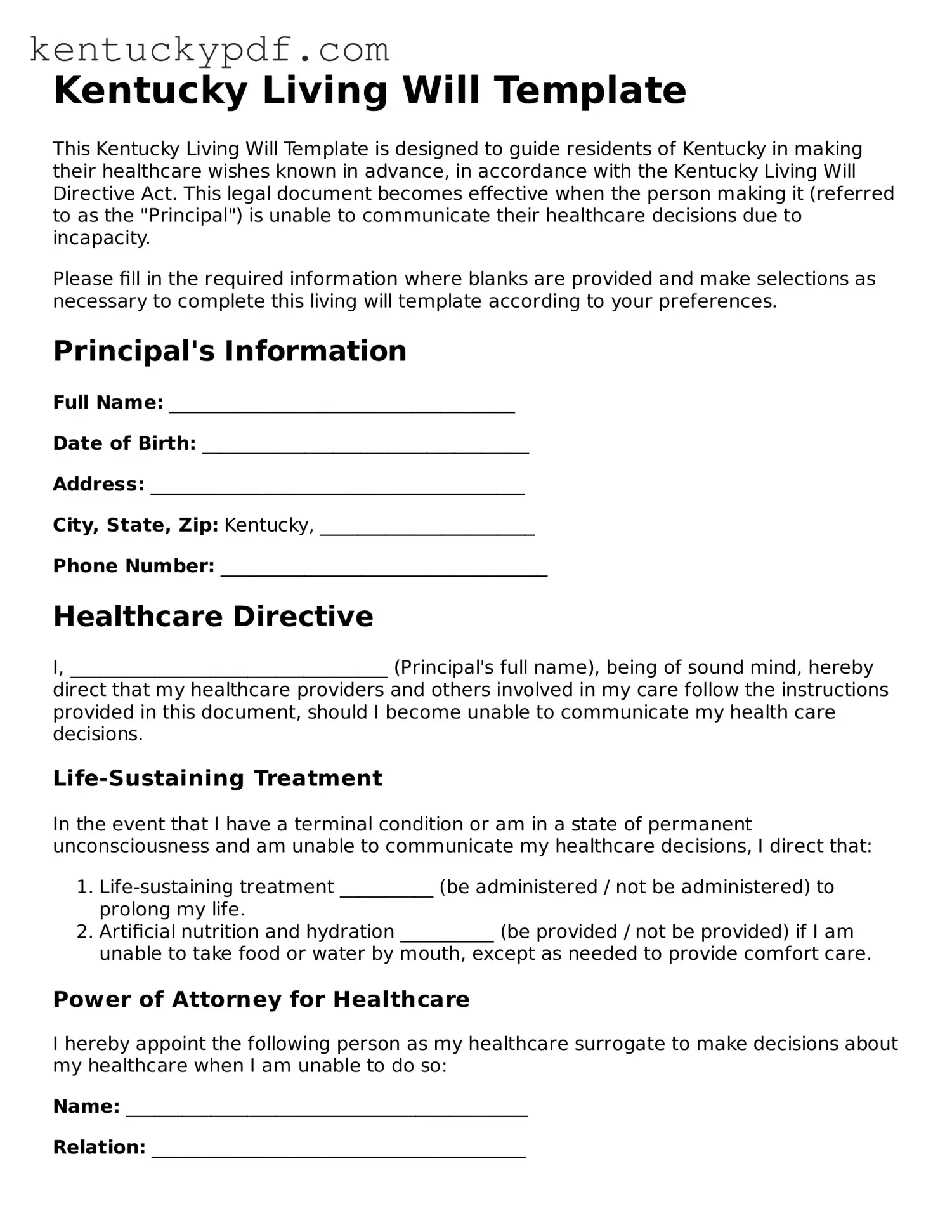 Printable Living Will Document for Kentucky State