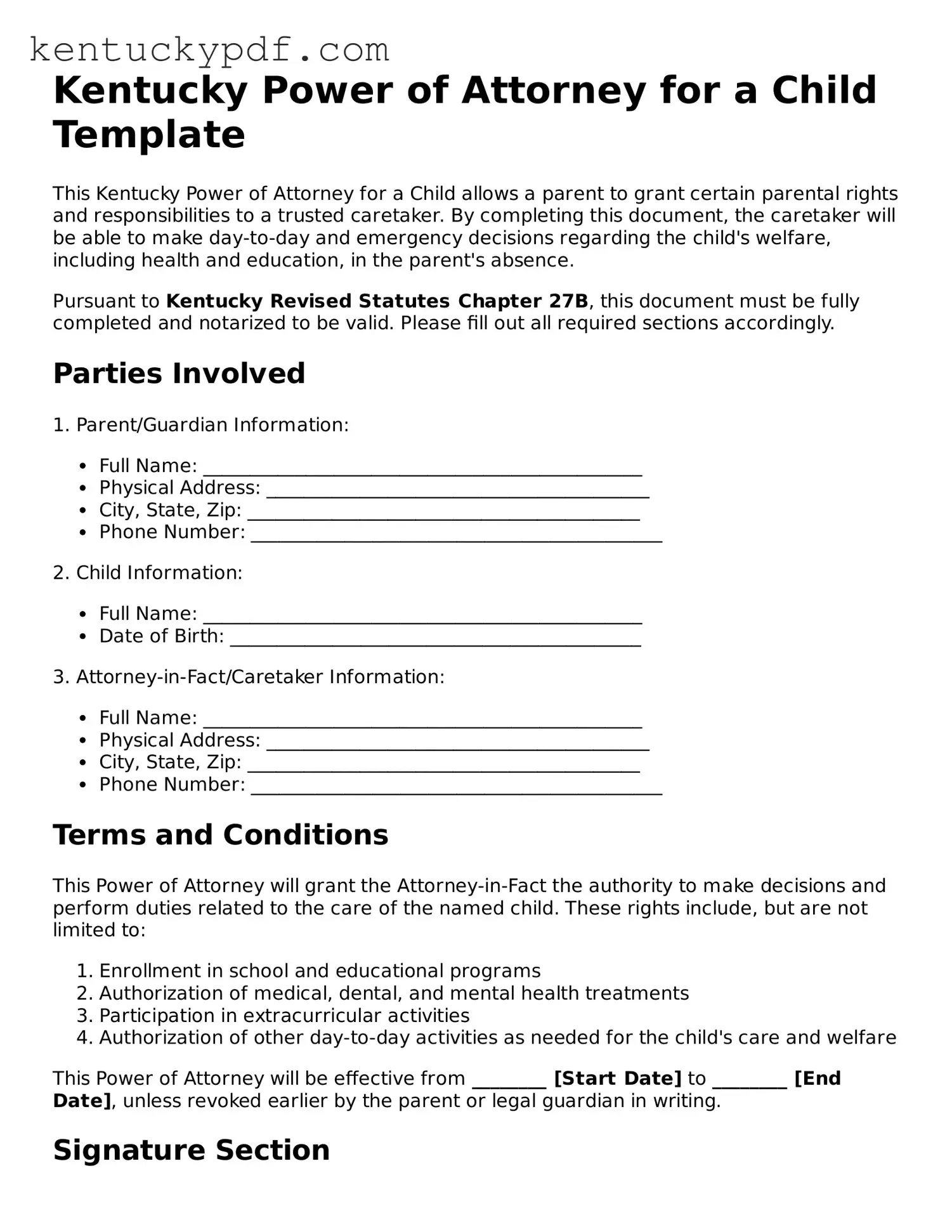 Printable Power of Attorney for a Child Document for Kentucky State