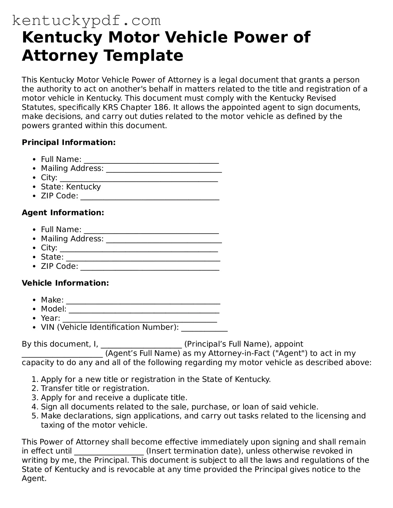 Printable Motor Vehicle Power of Attorney Document for Kentucky State