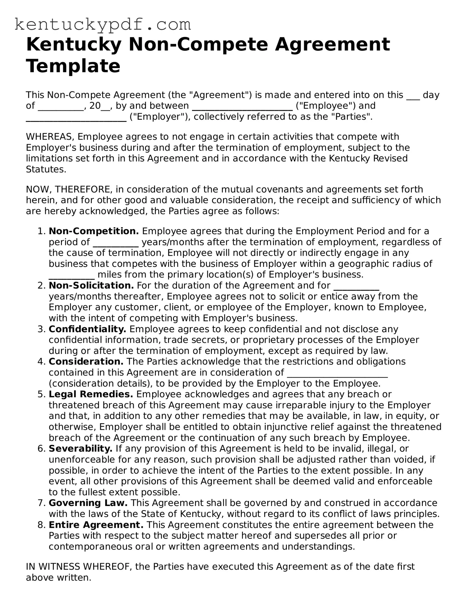 Printable Non-compete Agreement Document for Kentucky State
