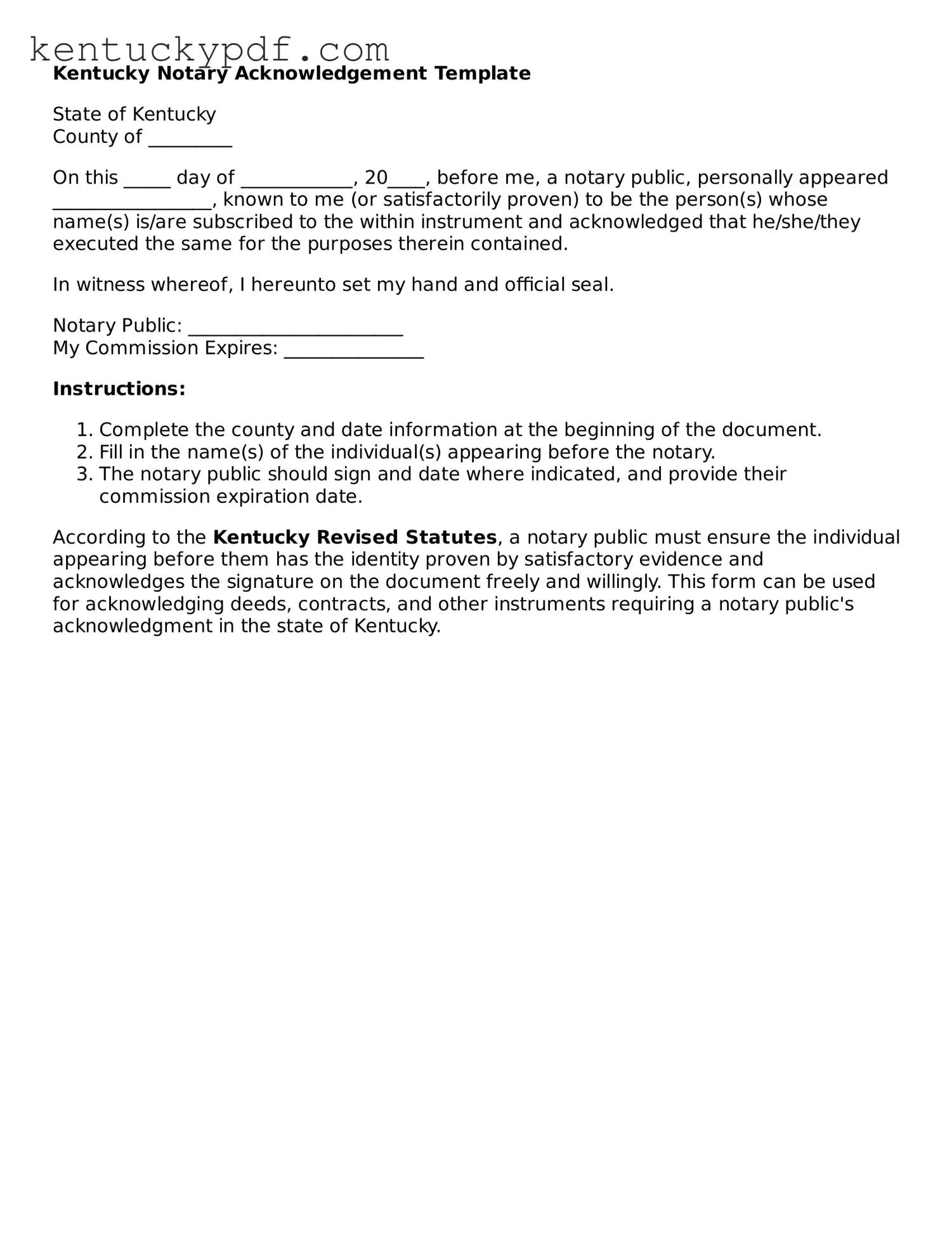 Printable Notary Acknowledgement Document for Kentucky State