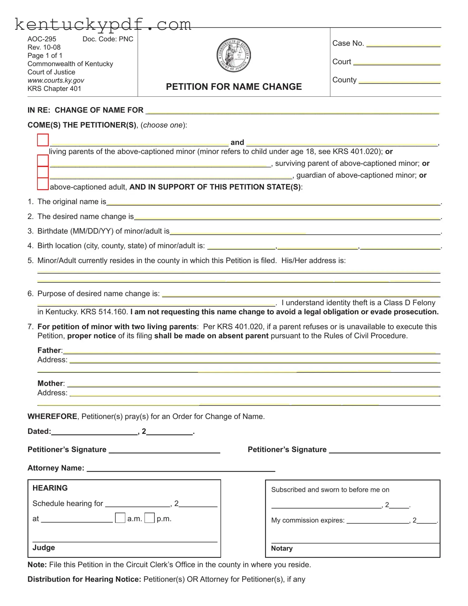 Fill in Your Kentucky Petition Name Change Form