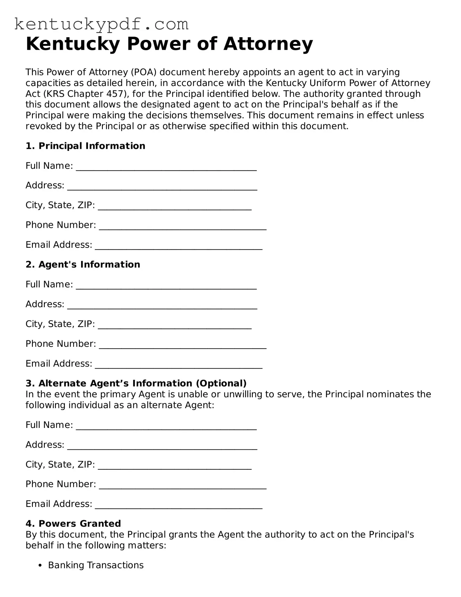 Printable Power of Attorney Document for Kentucky State