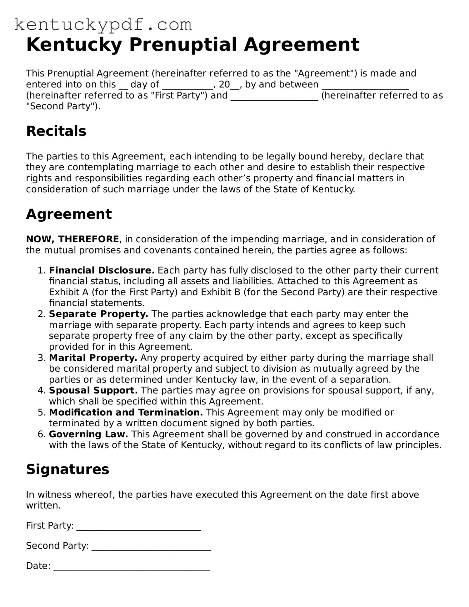 Printable Prenuptial Agreement Document for Kentucky State