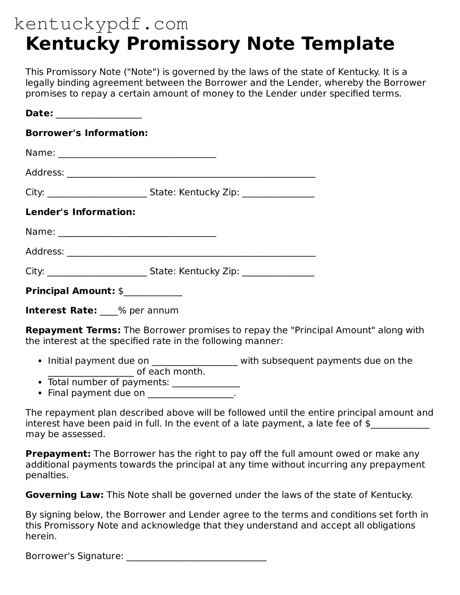 Printable Promissory Note Document for Kentucky State