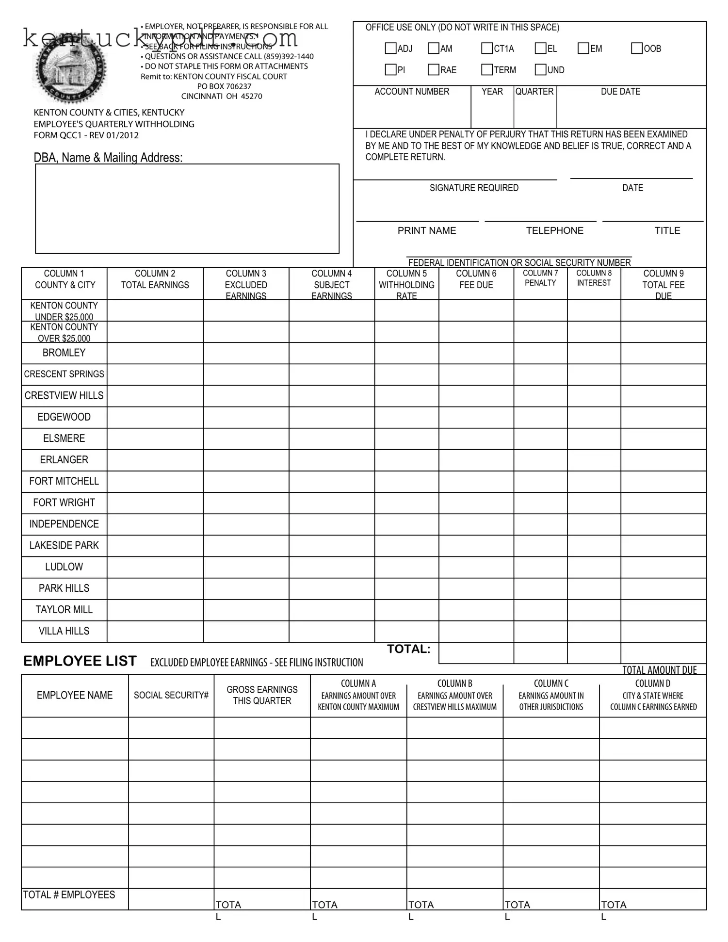 Fill in Your Kentucky Qcc1 Form