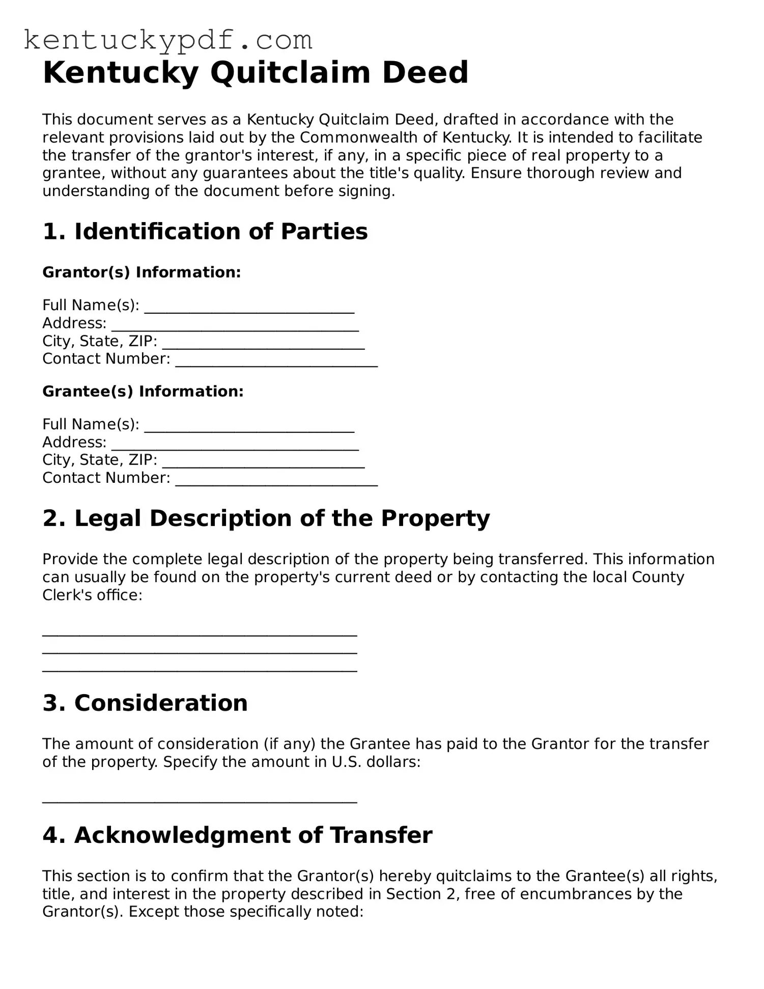 Printable Quitclaim Deed Document for Kentucky State