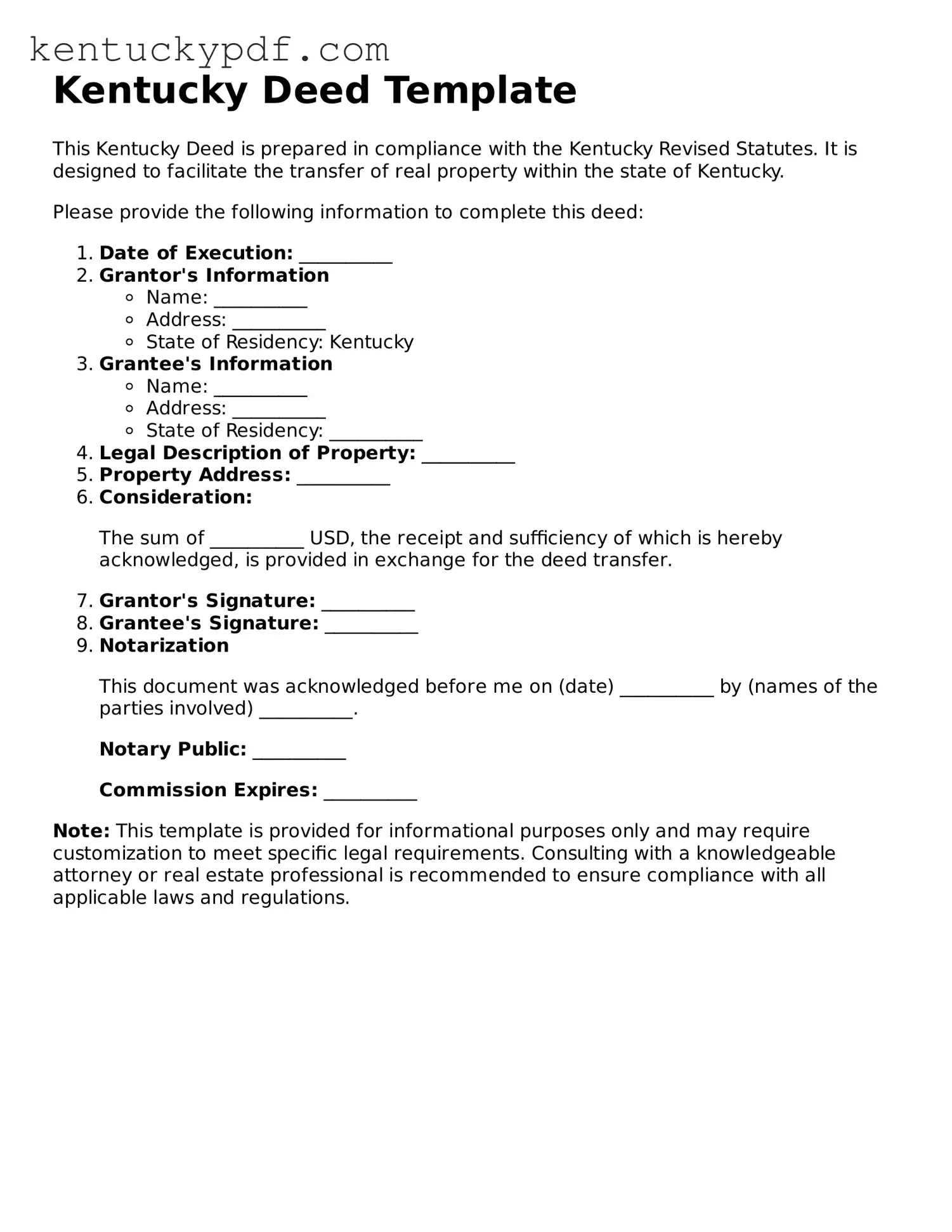 Printable Deed Document for Kentucky State