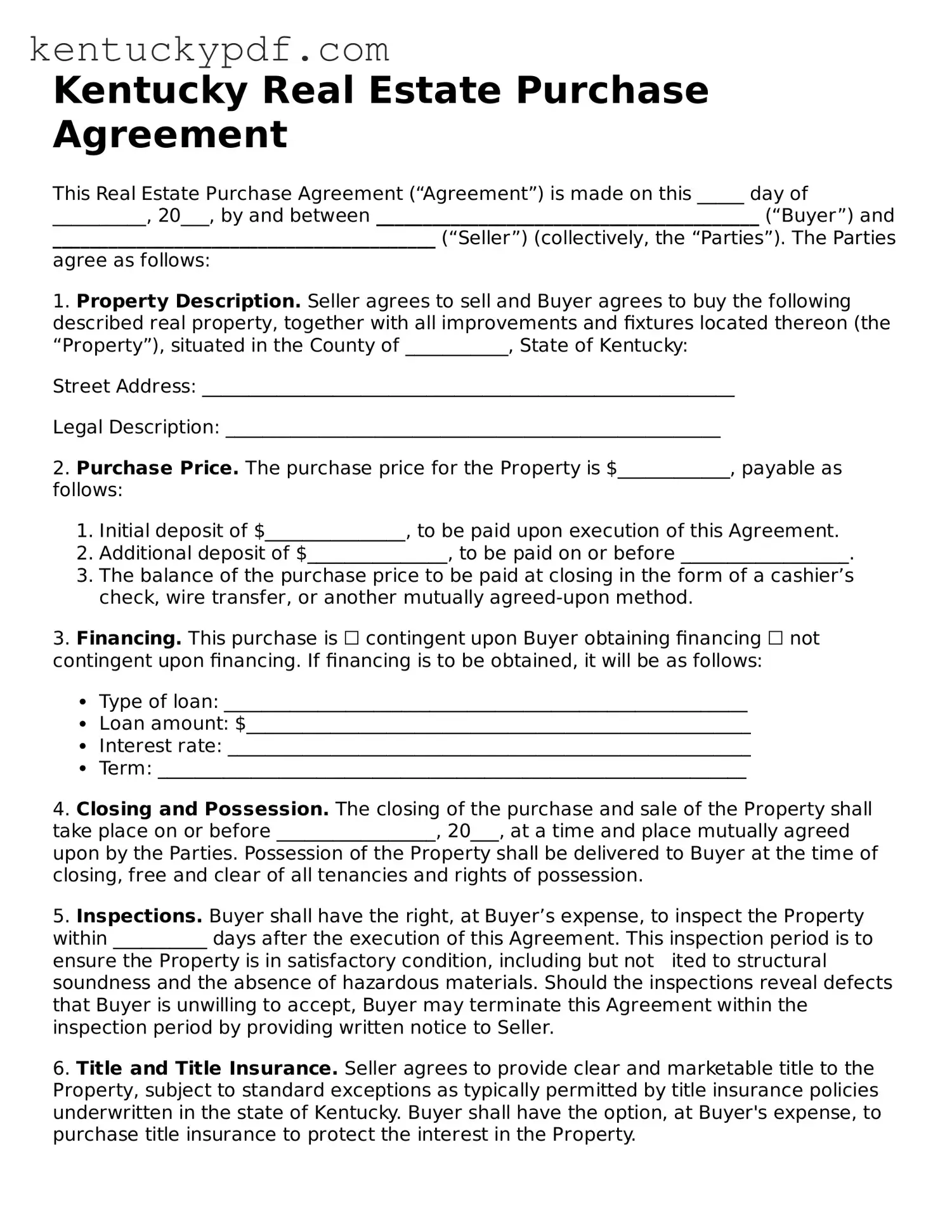 Printable Real Estate Purchase Agreement Document for Kentucky State