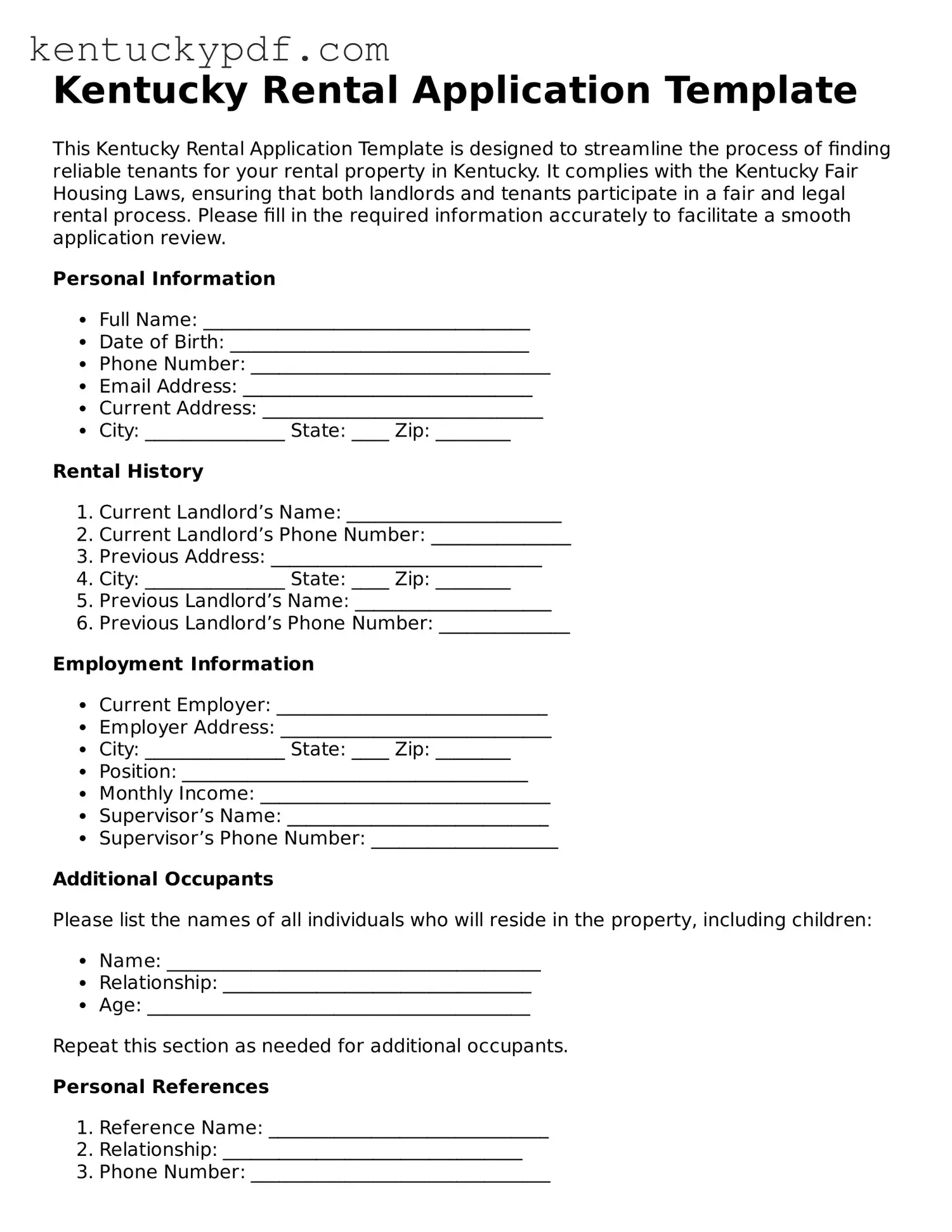 Printable Rental Application Document for Kentucky State
