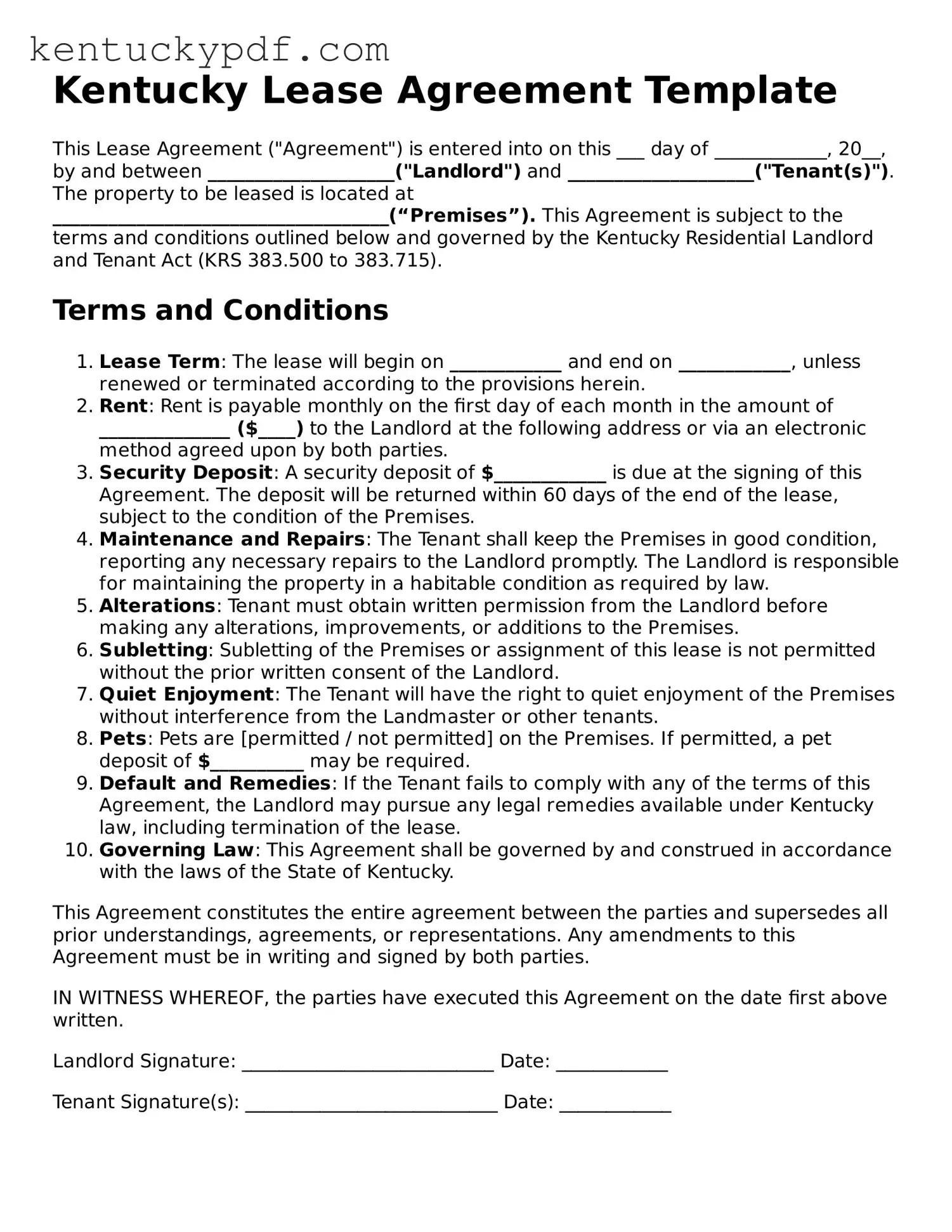 Printable Lease Agreement Document for Kentucky State