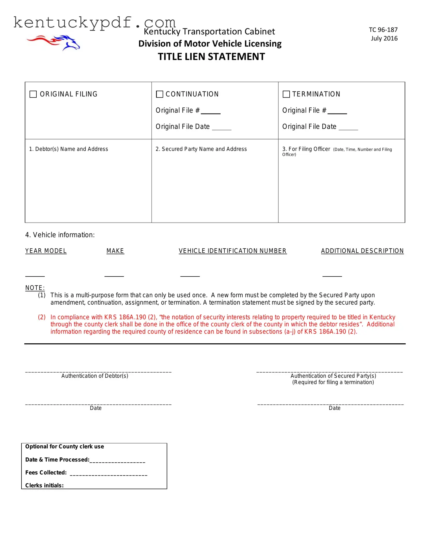 Fill in Your Kentucky Tc 96 187 Form