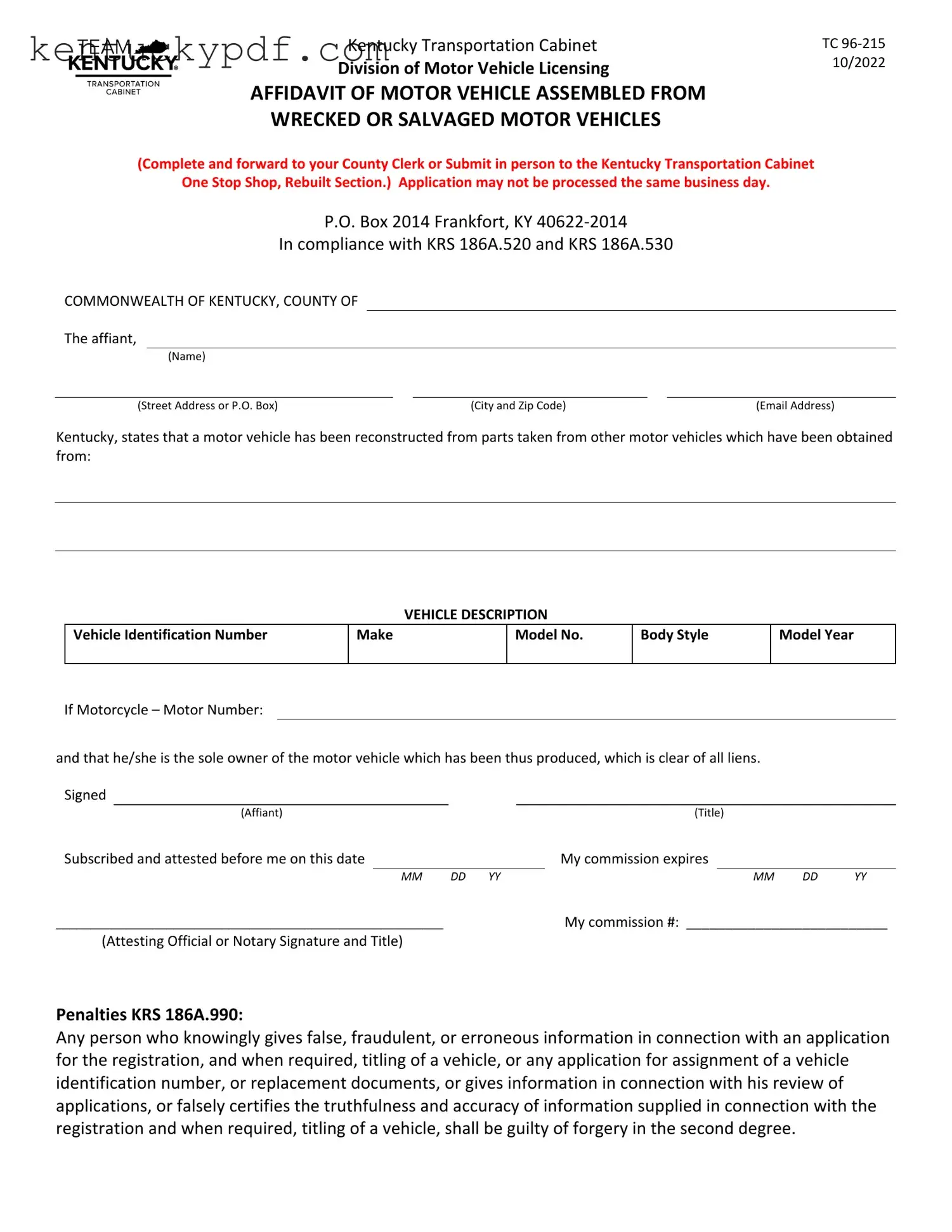Fill in Your Kentucky Tc 96 215 Form