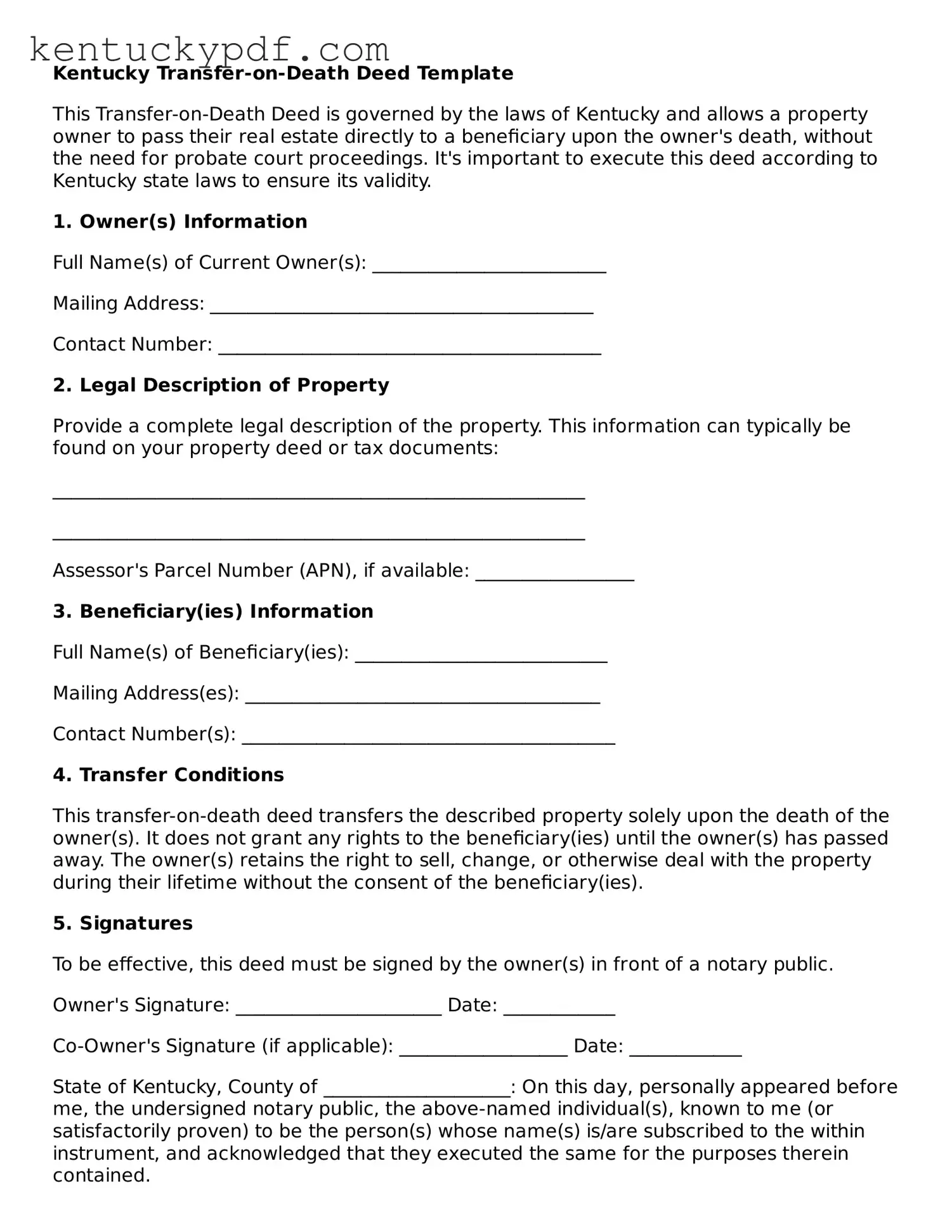 Printable Transfer-on-Death Deed Document for Kentucky State