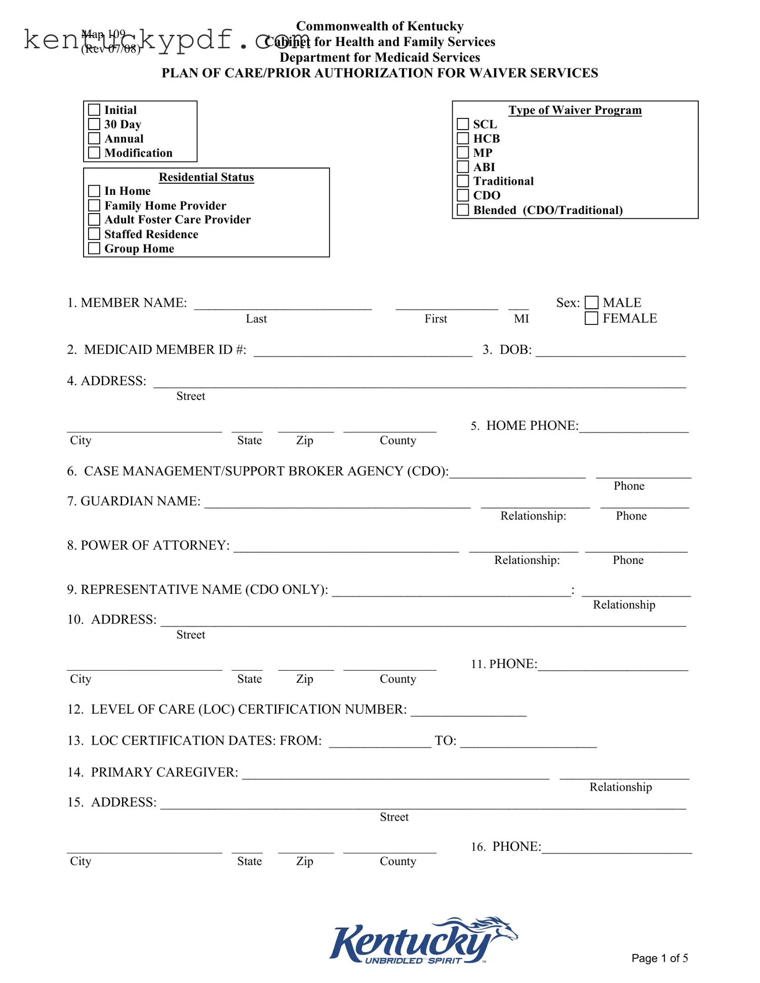 Fill in Your Map 109 Kentucky Form