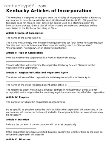 Printable Articles of Incorporation Document for Kentucky State